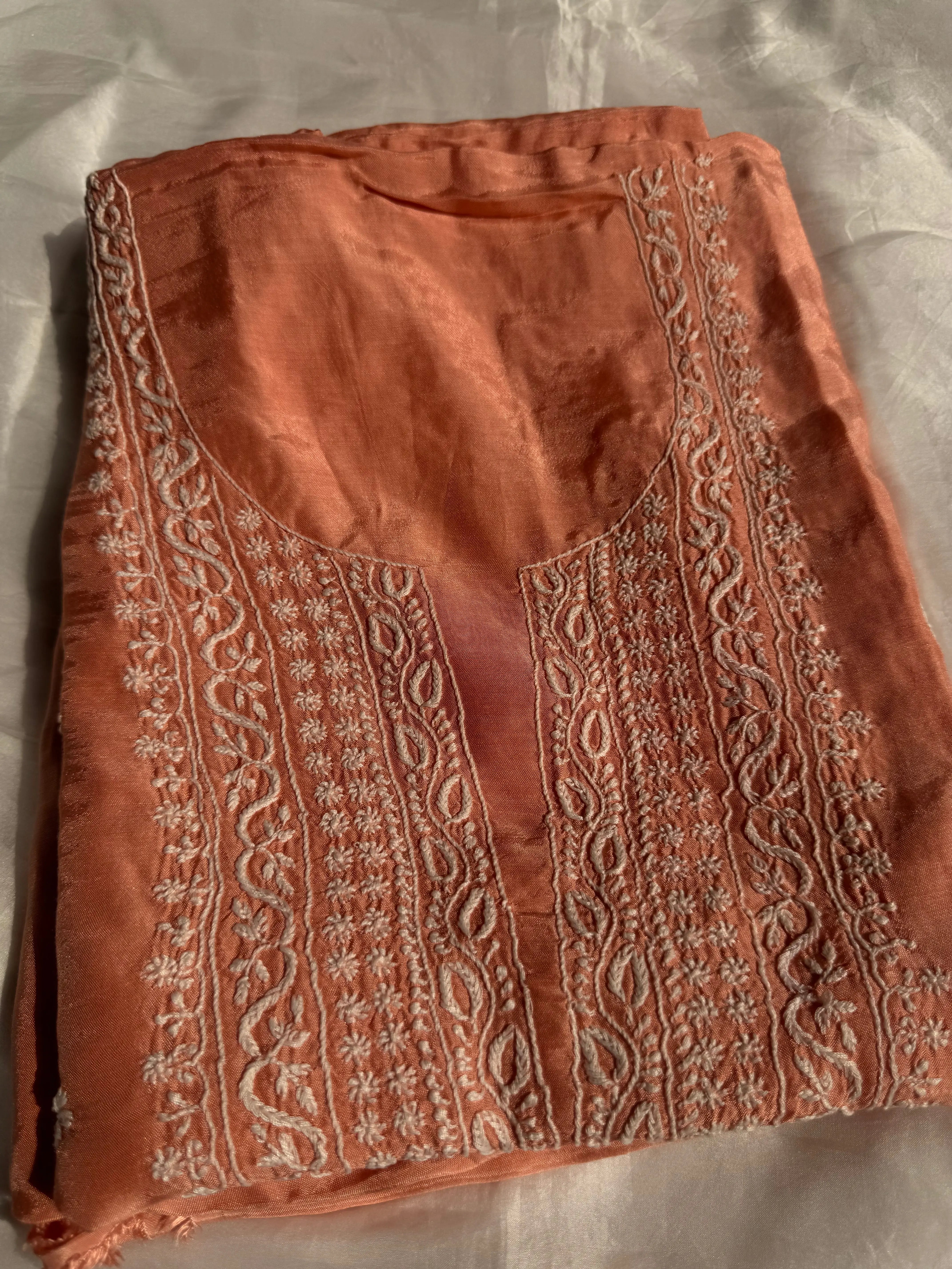 Pure Muslin kurti Length unstitched - Deep Peach ARIAA CHIKANKARI 