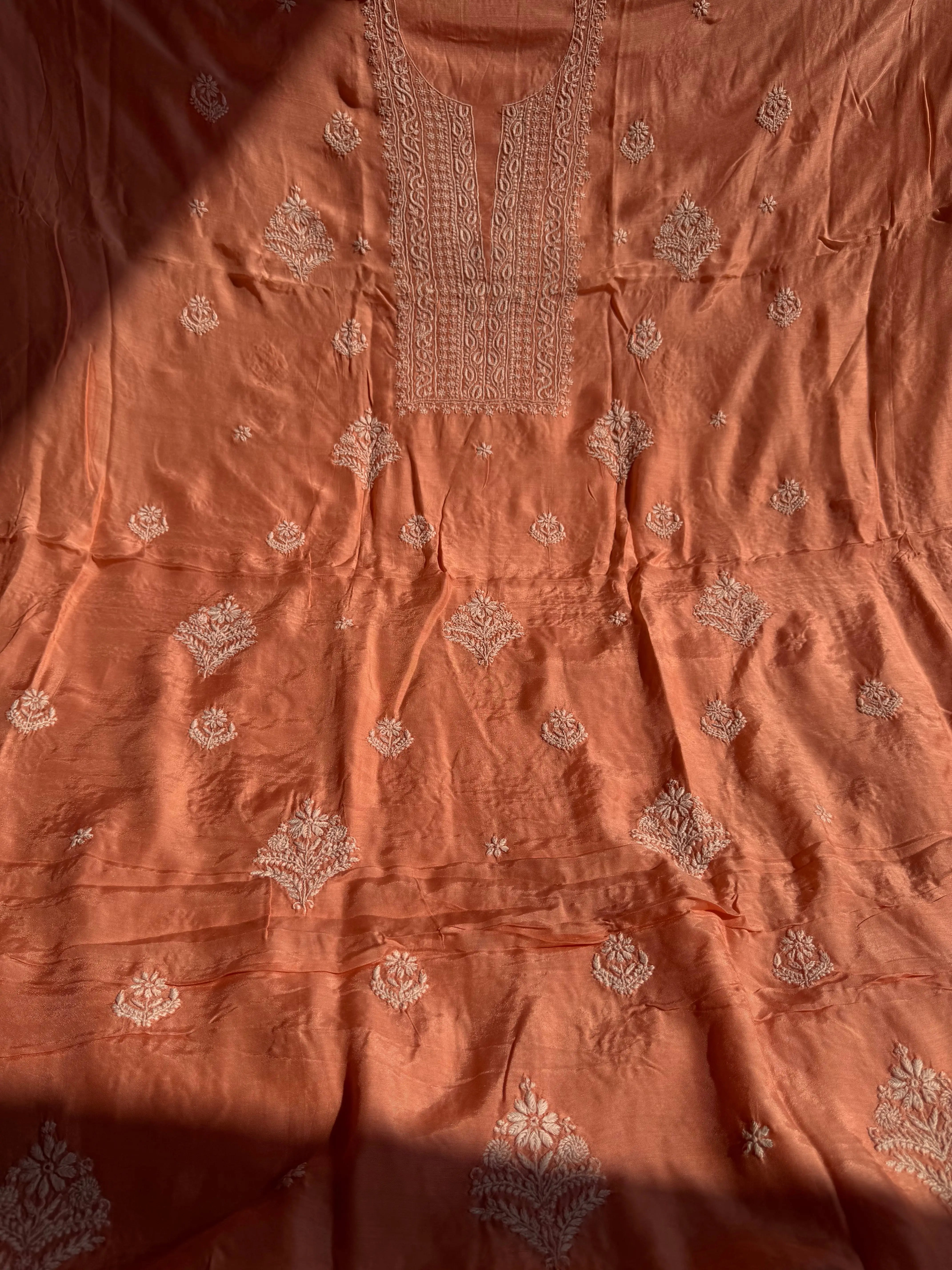 Pure Muslin kurti Length unstitched - Deep Peach ARIAA CHIKANKARI 