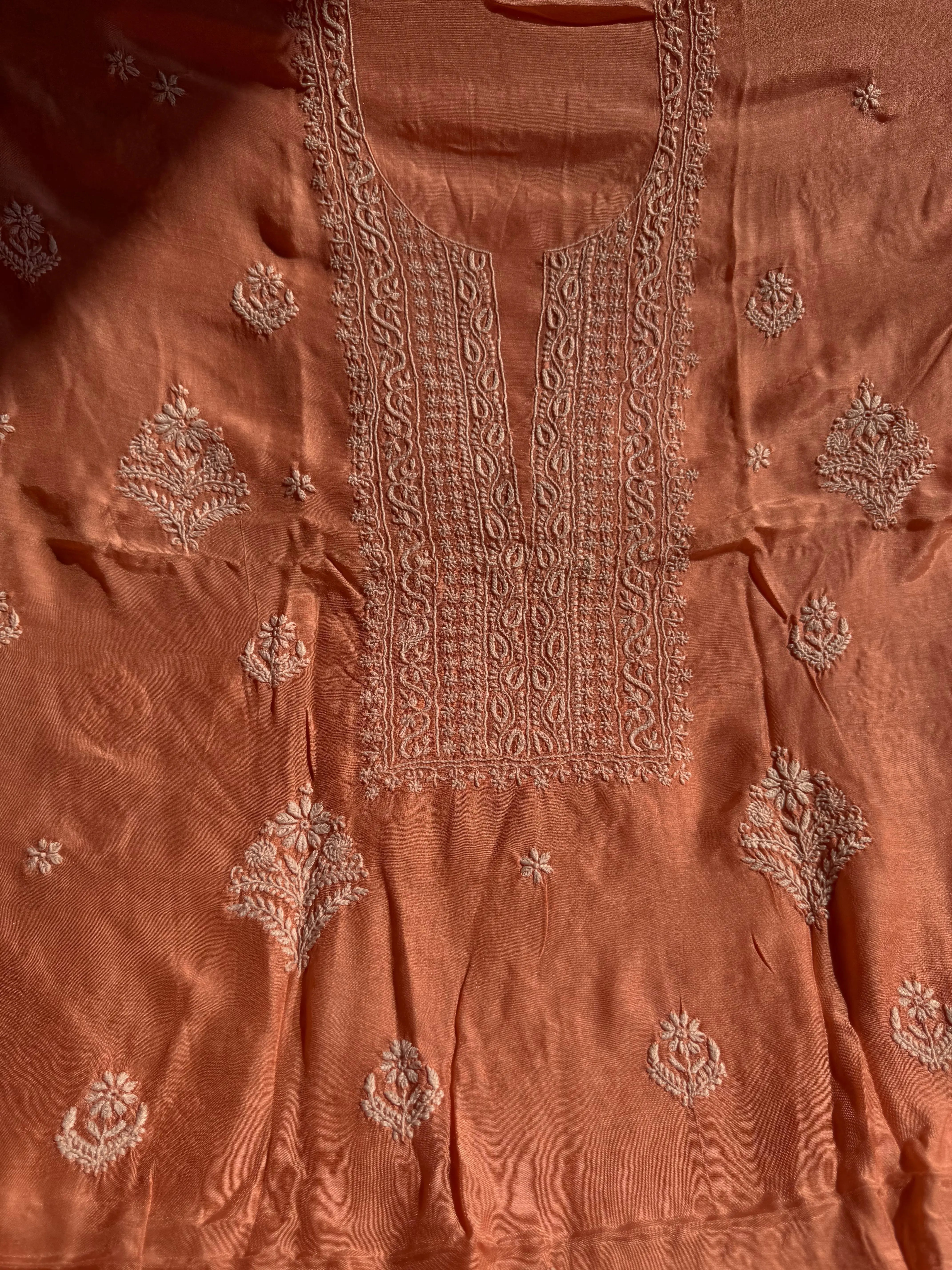 Pure Muslin kurti Length unstitched - Deep Peach ARIAA CHIKANKARI 