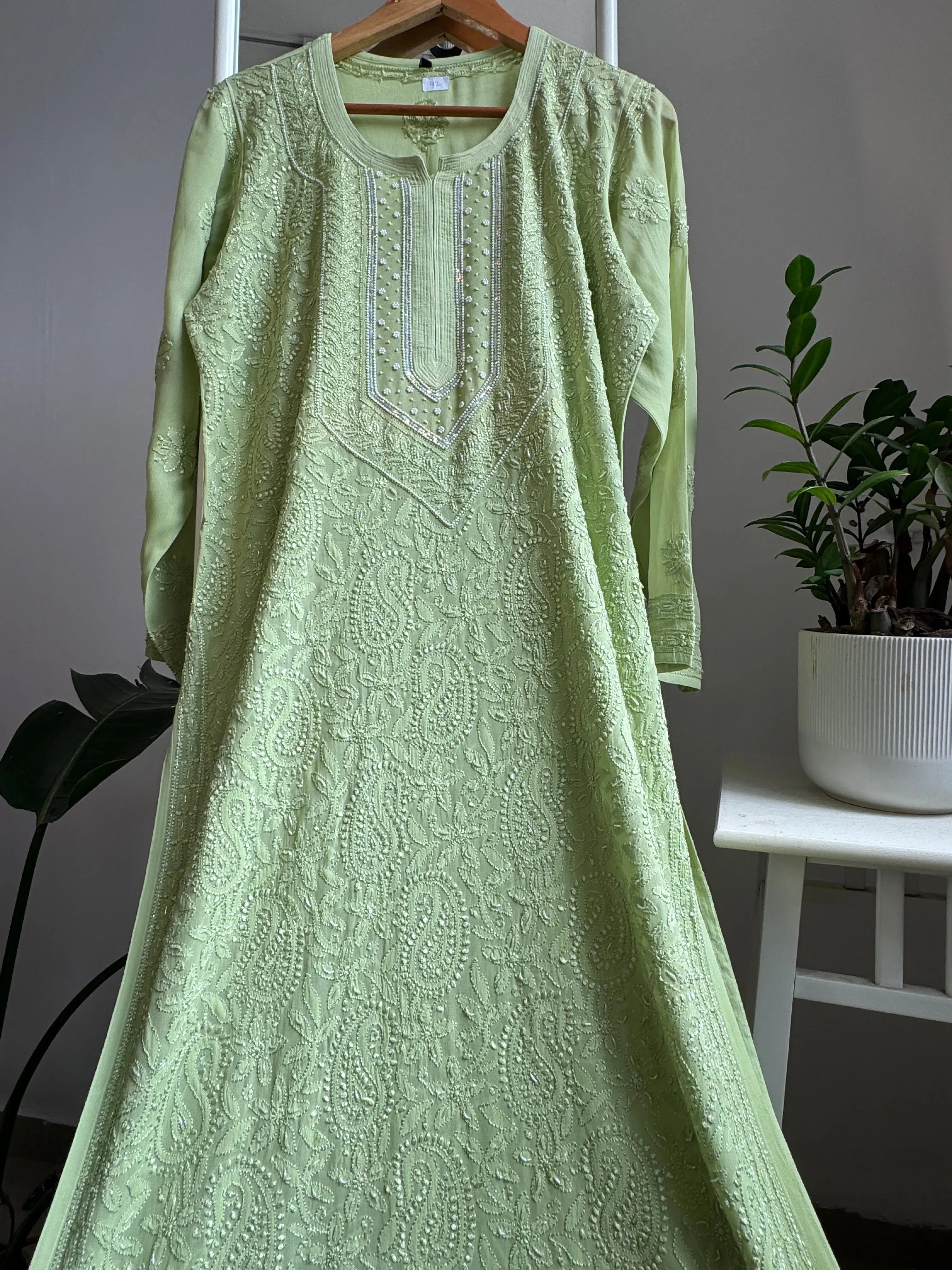 Viscose Kurti with Pearl  Work - Sheen Green ARIAA CHIKANKARI 