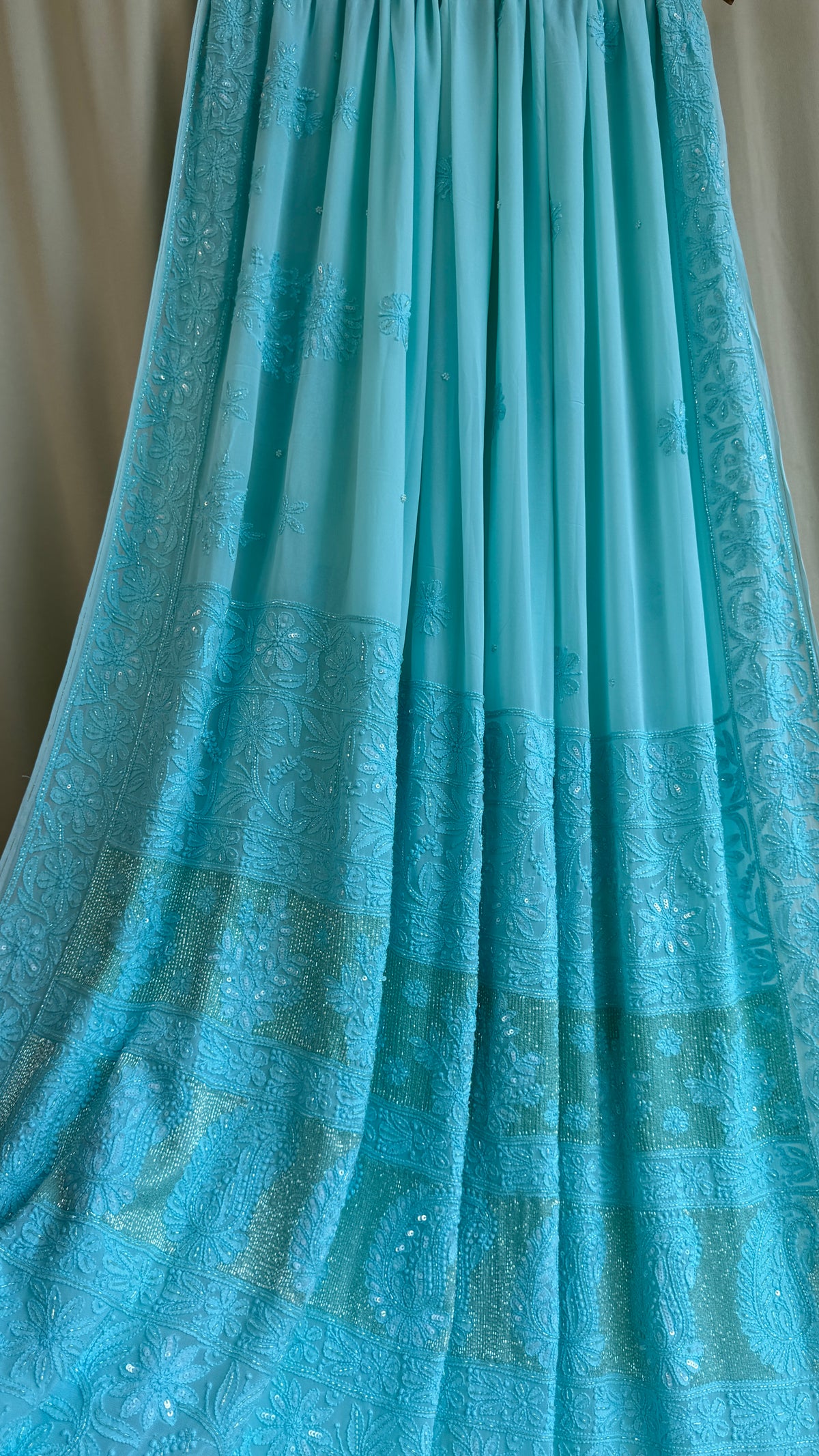 Viscose Chikankari saree with Pearl embellishments  Firozi Blue