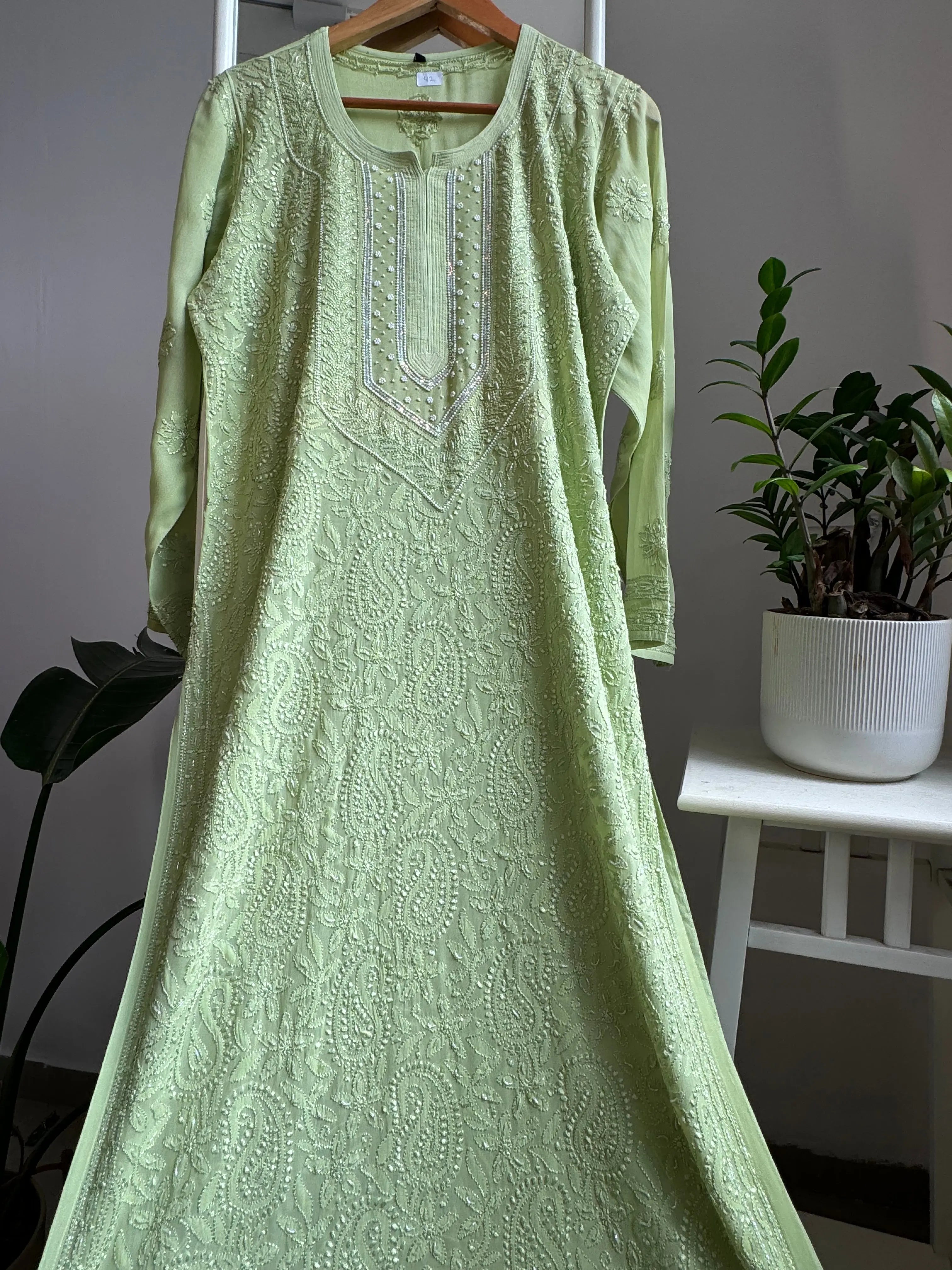 Viscose Kurti with Pearl  Work - Sheen Green ARIAA CHIKANKARI 