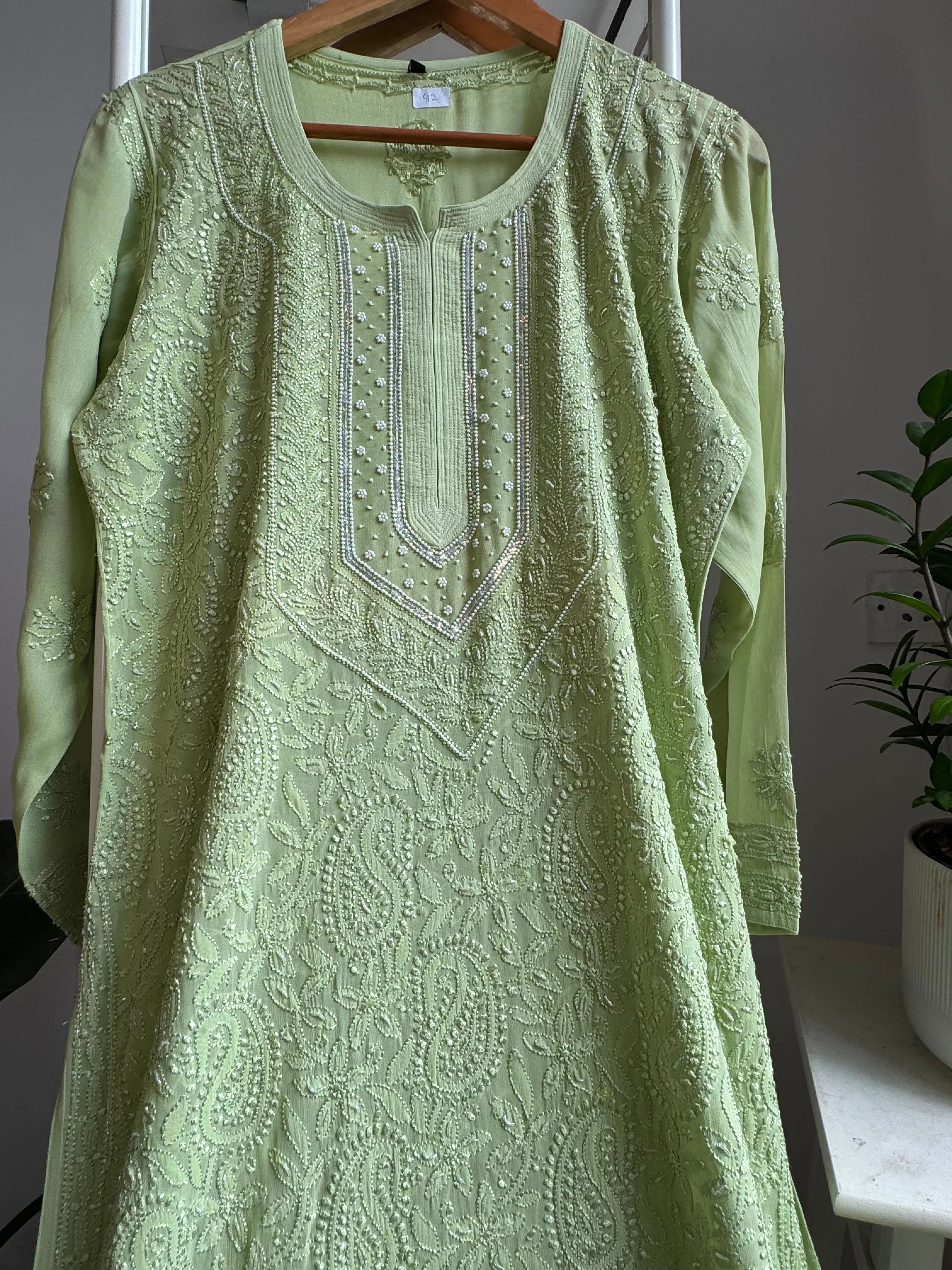 Viscose Kurti with Pearl  Work - Sheen Green ARIAA CHIKANKARI 