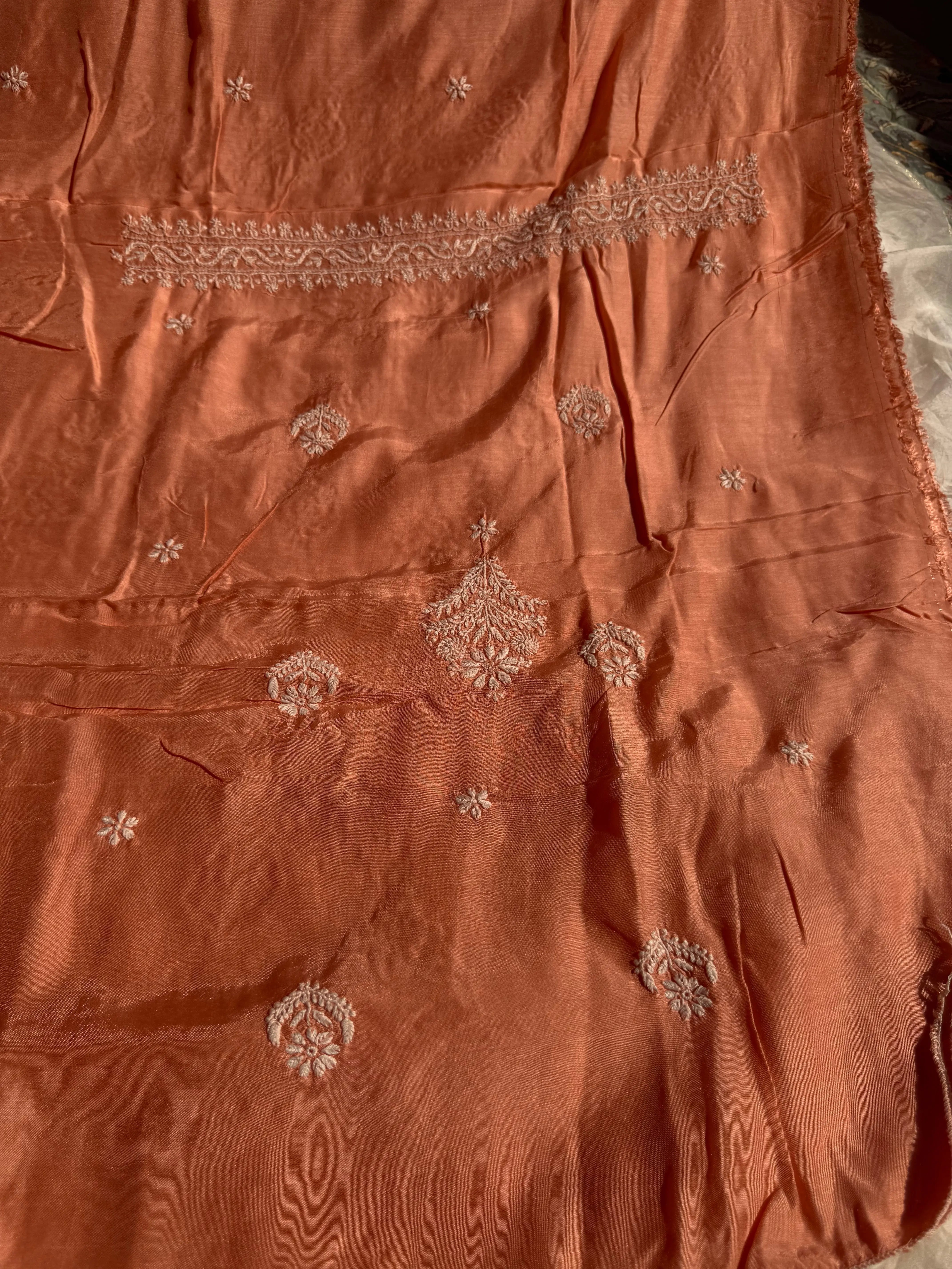 Pure Muslin kurti Length unstitched - Deep Peach ARIAA CHIKANKARI 