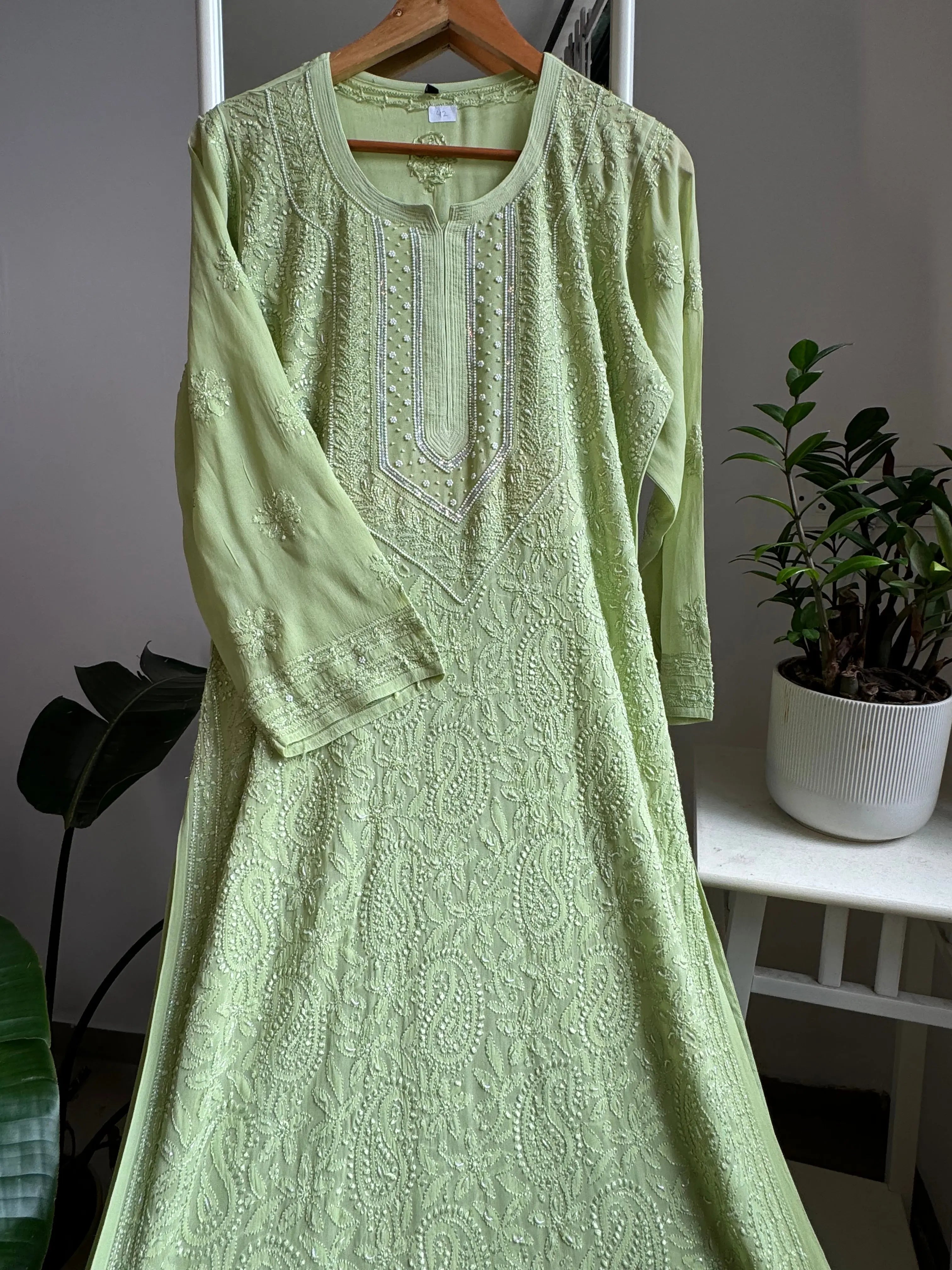 Viscose Kurti with Pearl  Work - Sheen Green ARIAA CHIKANKARI 