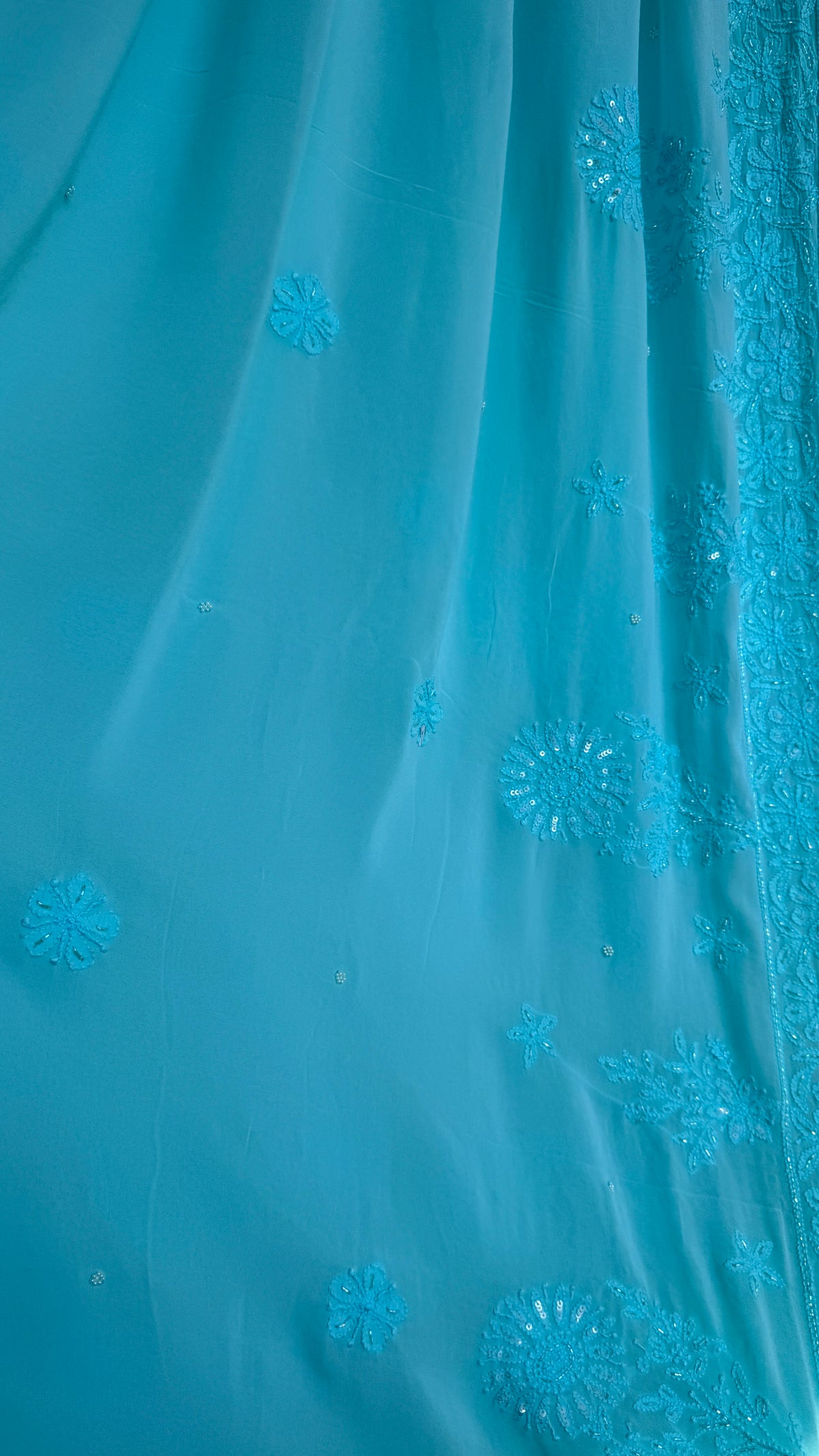 Viscose Chikankari saree with Pearl embellishments  Firozi Blue
