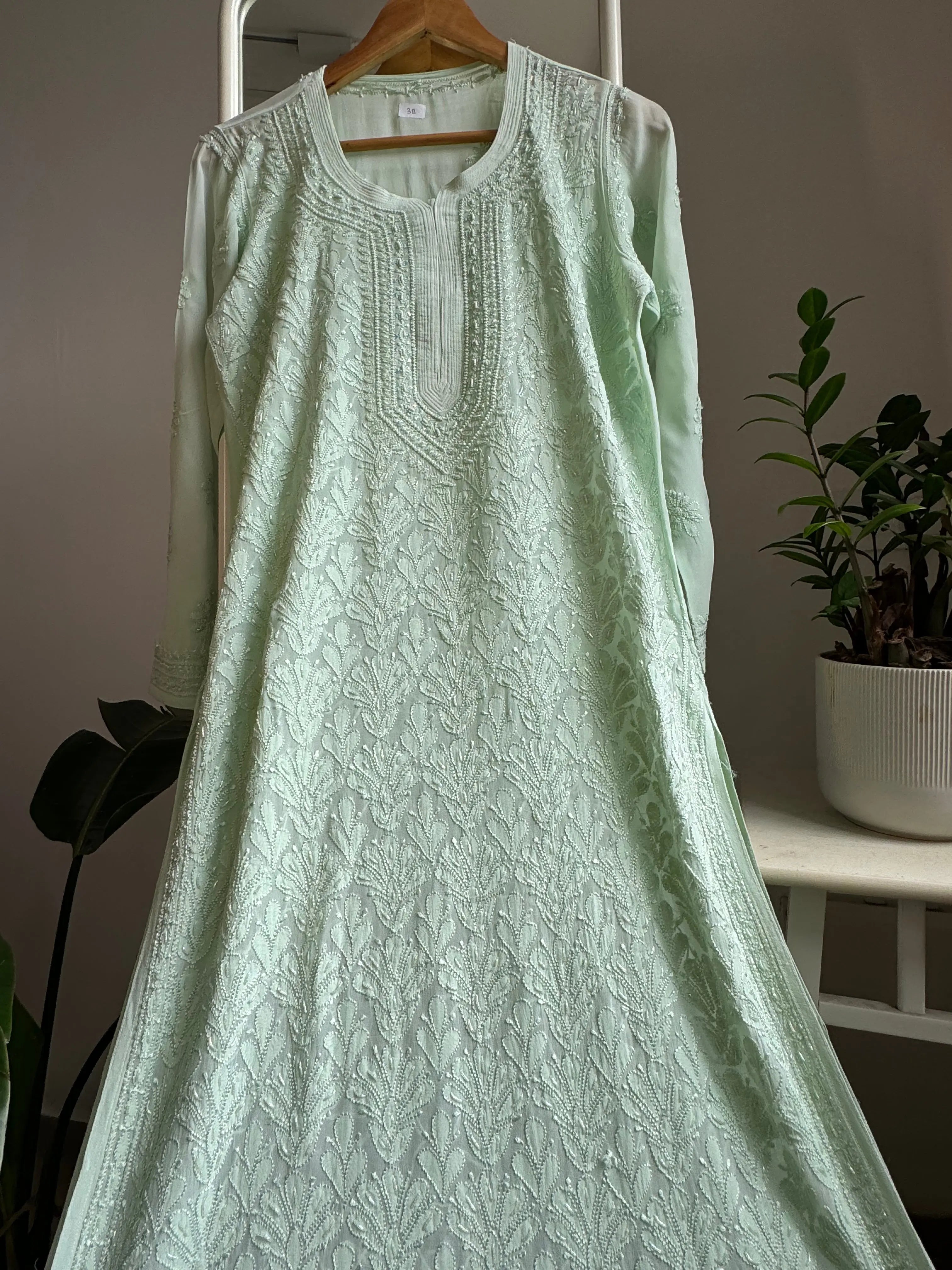 Viscose Kurti with Pearl  Work - Sage Green ARIAA CHIKANKARI 