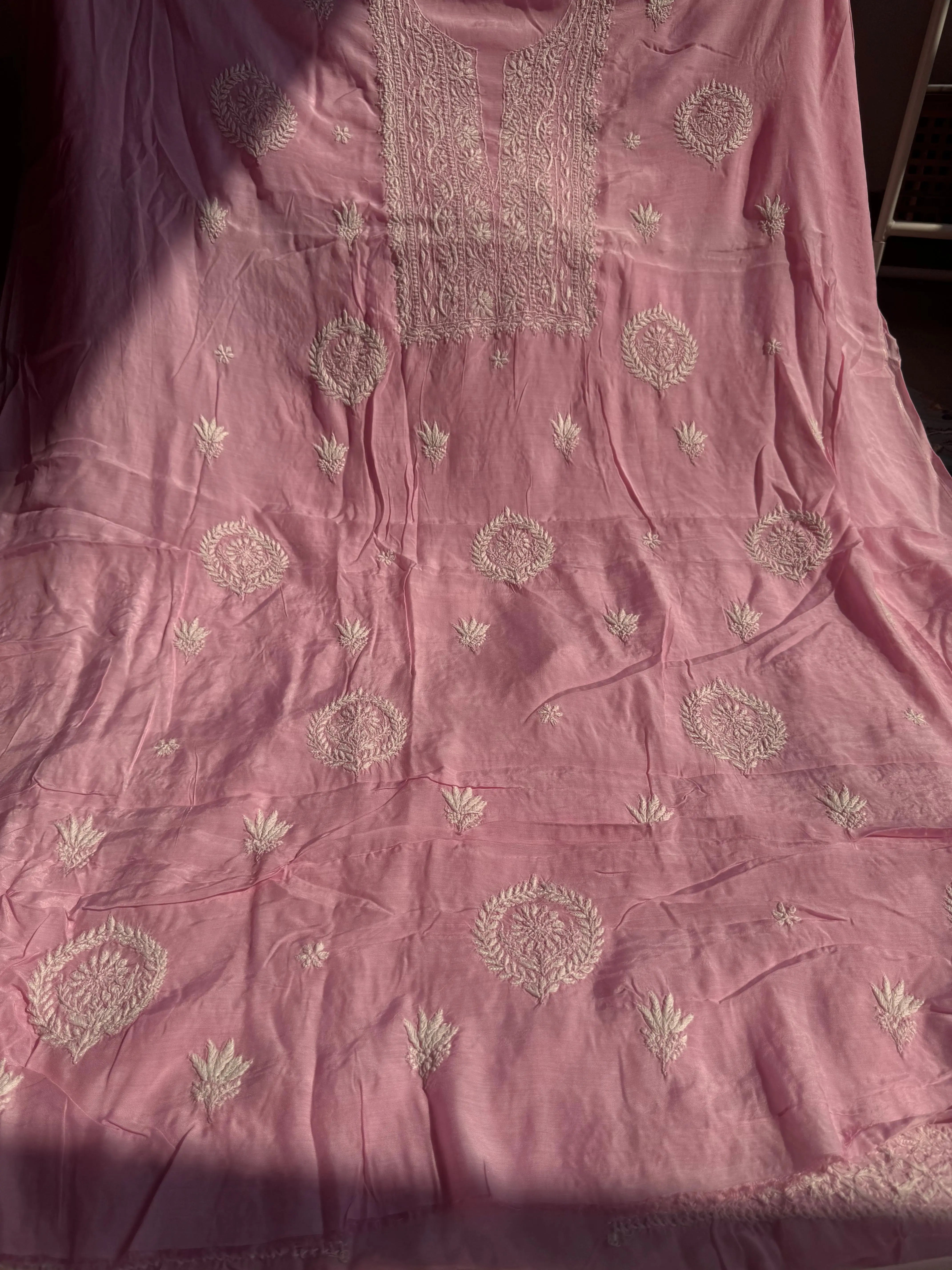 Pure Muslin kurti Length unstitched - Pink ARIAA CHIKANKARI 