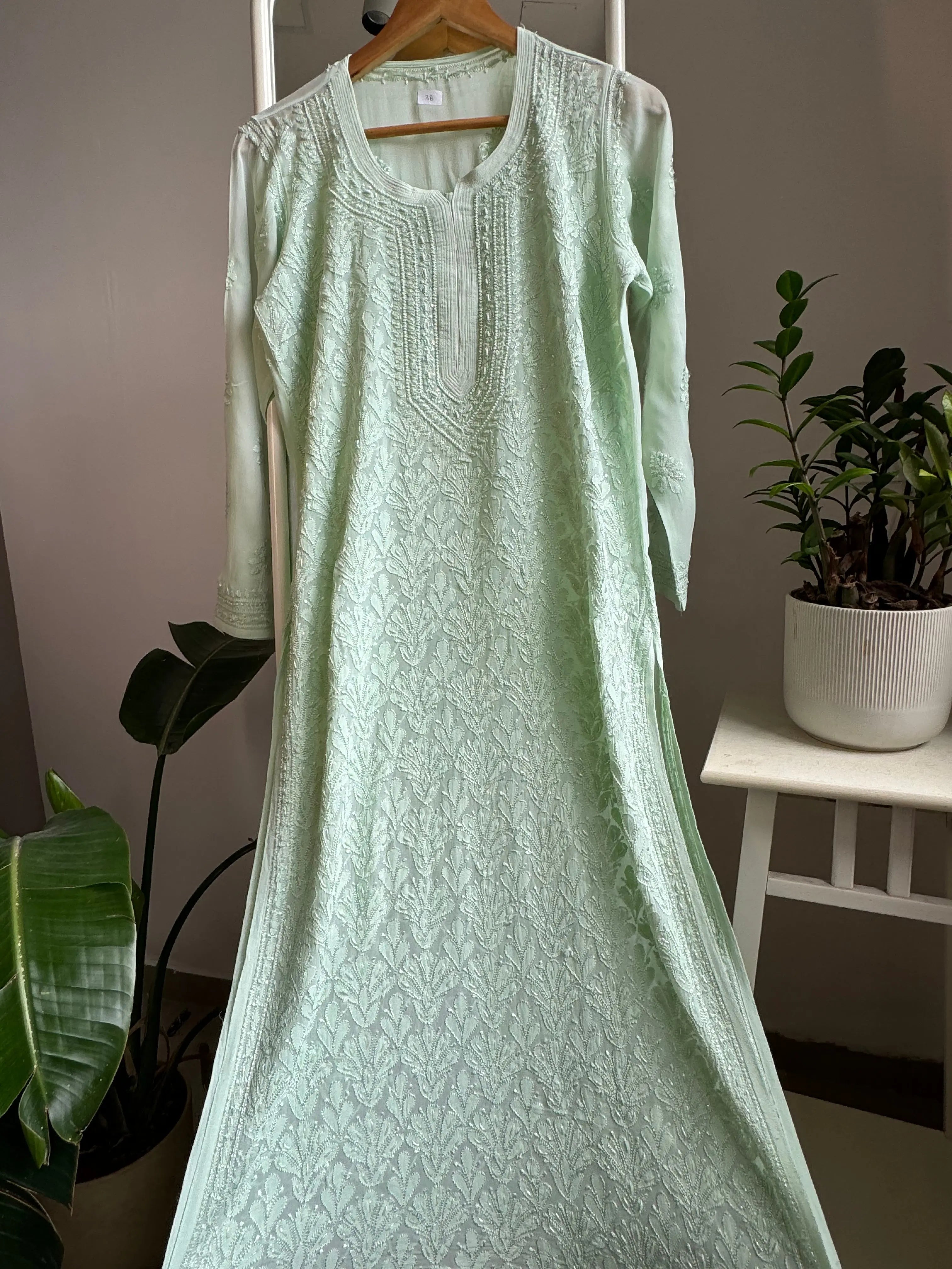 Viscose Kurti with Pearl  Work - Sage Green ARIAA CHIKANKARI 