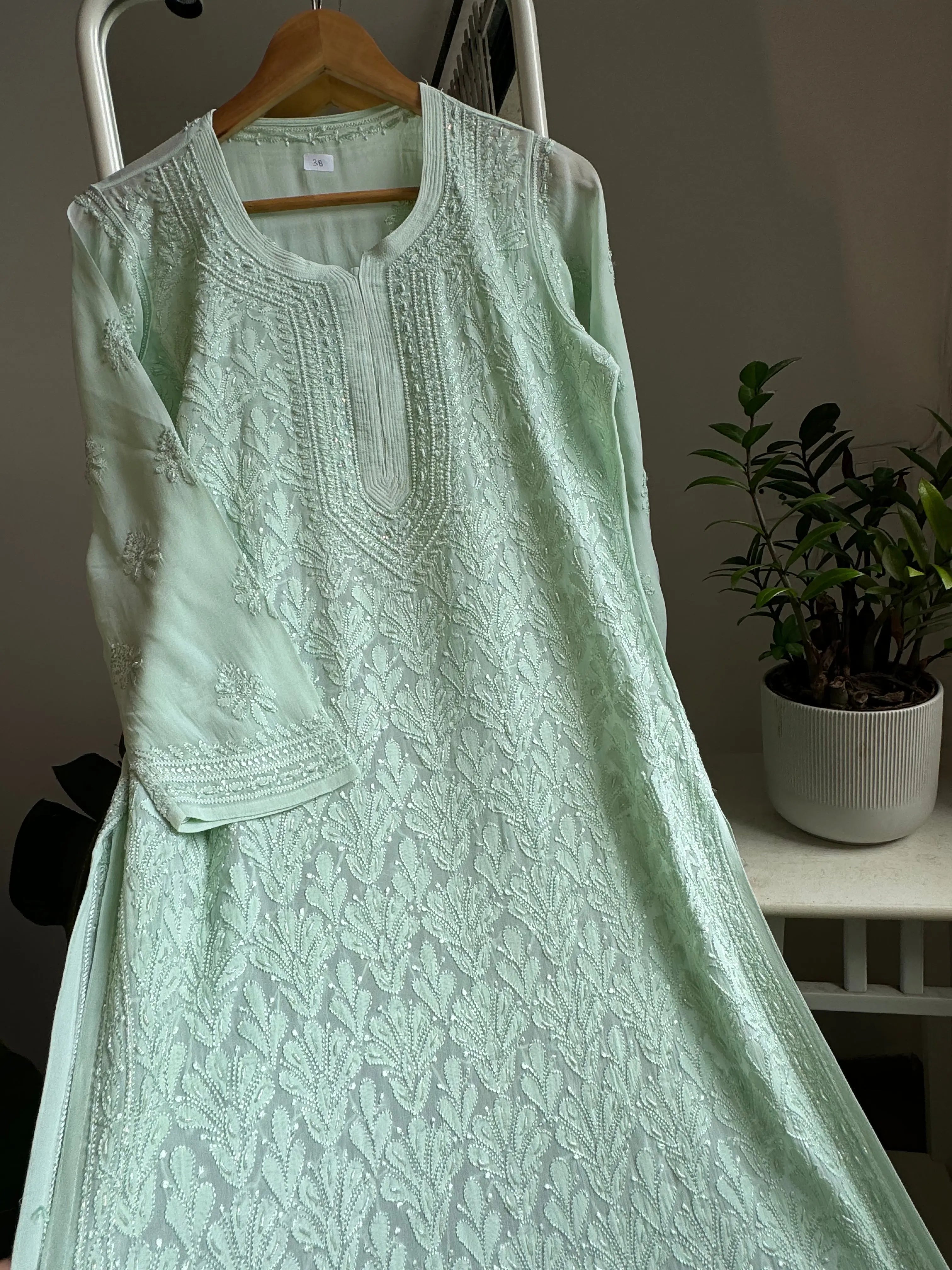 Viscose Kurti with Pearl  Work - Sage Green ARIAA CHIKANKARI 