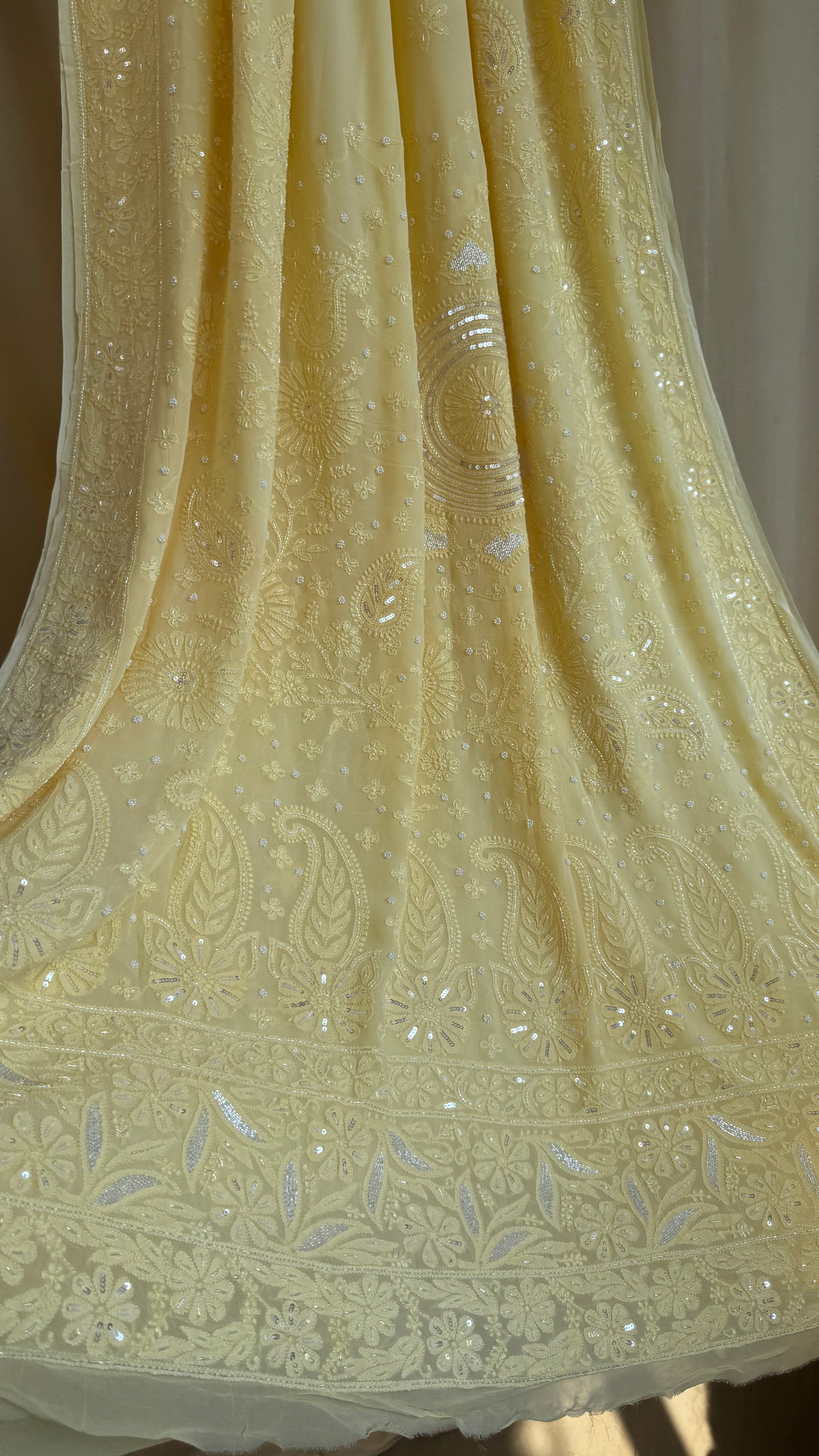 Cream Yellow Chikankari saree with Pearl embellishments