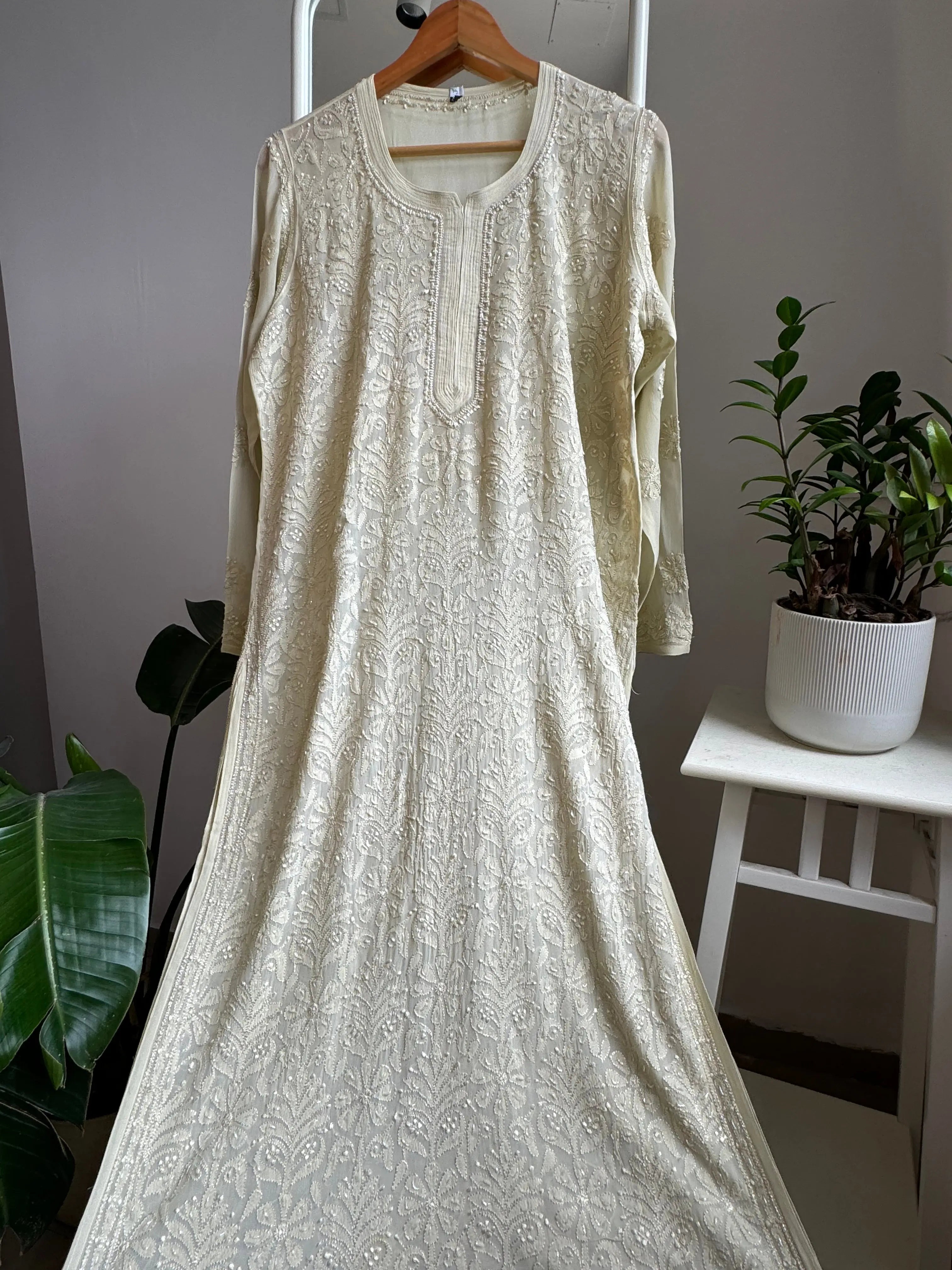 Viscose Kurti with Pearl  Work - Beige ARIAA CHIKANKARI 