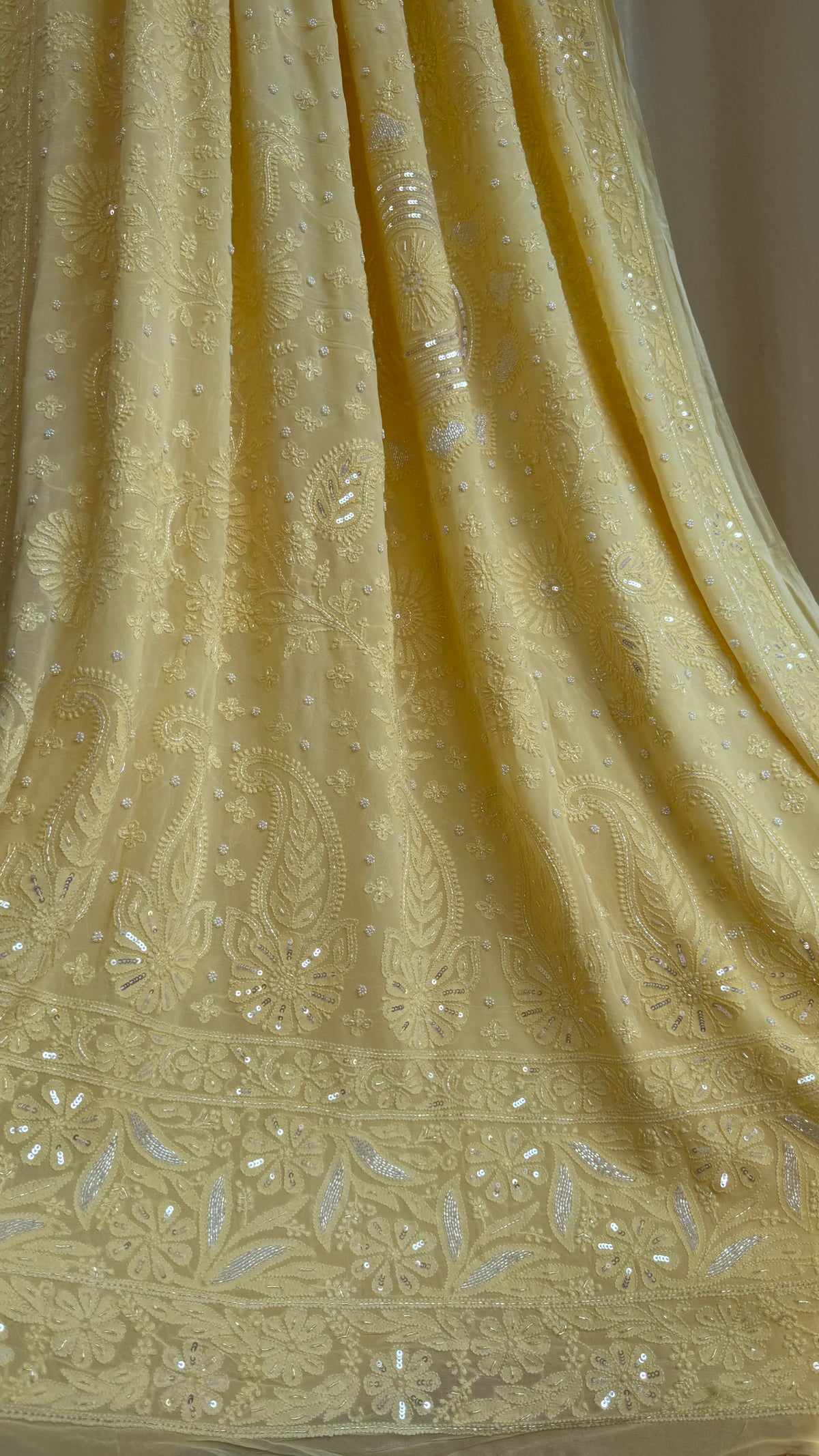 Cream Yellow Chikankari saree with Pearl embellishments