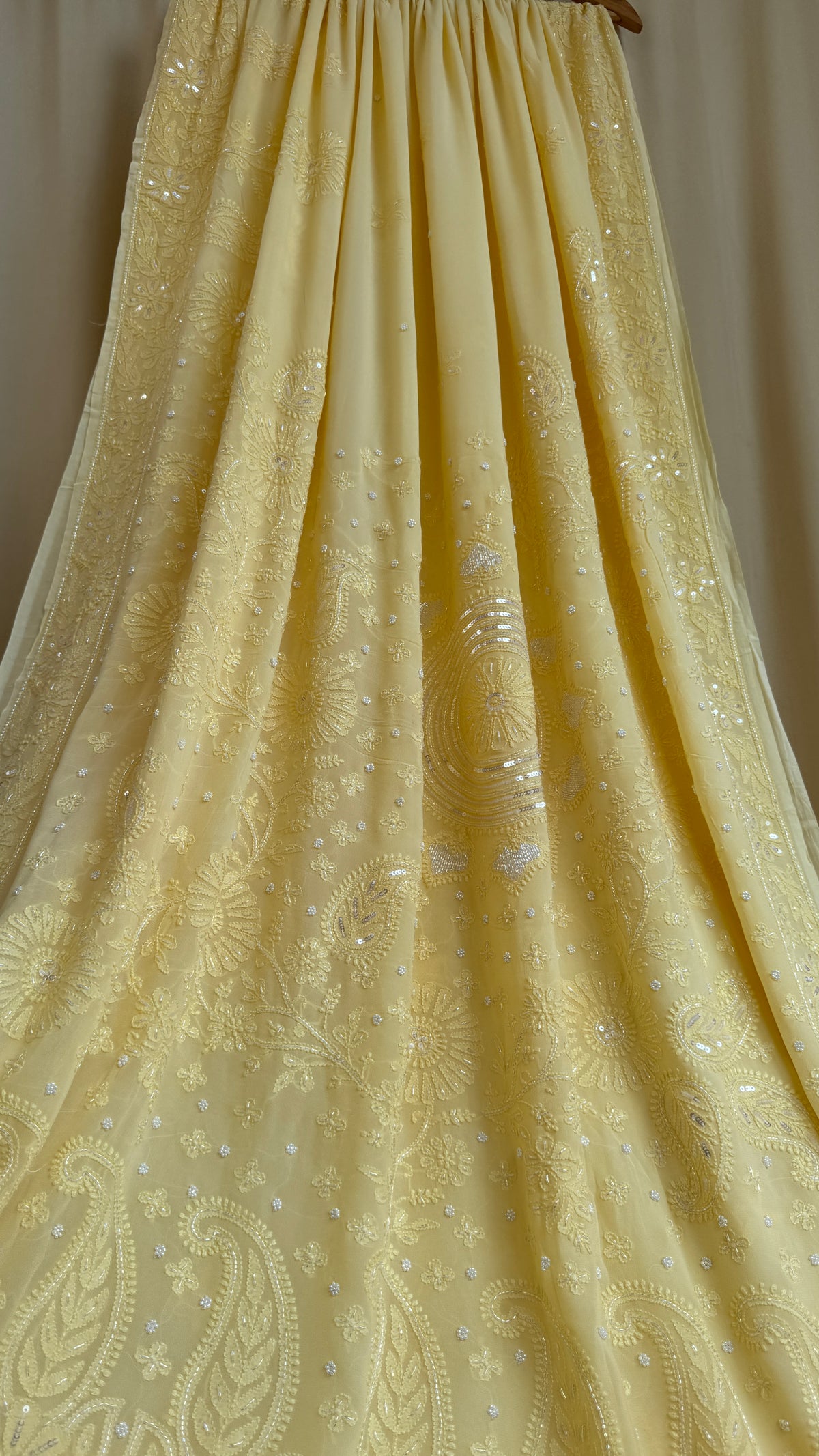 Cream Yellow Chikankari saree with Pearl embellishments