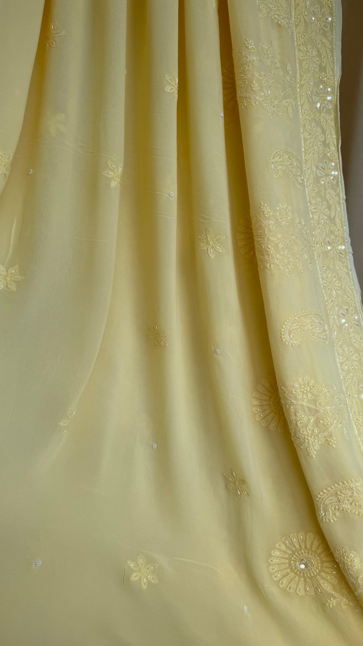 Cream Yellow Chikankari saree with Pearl embellishments