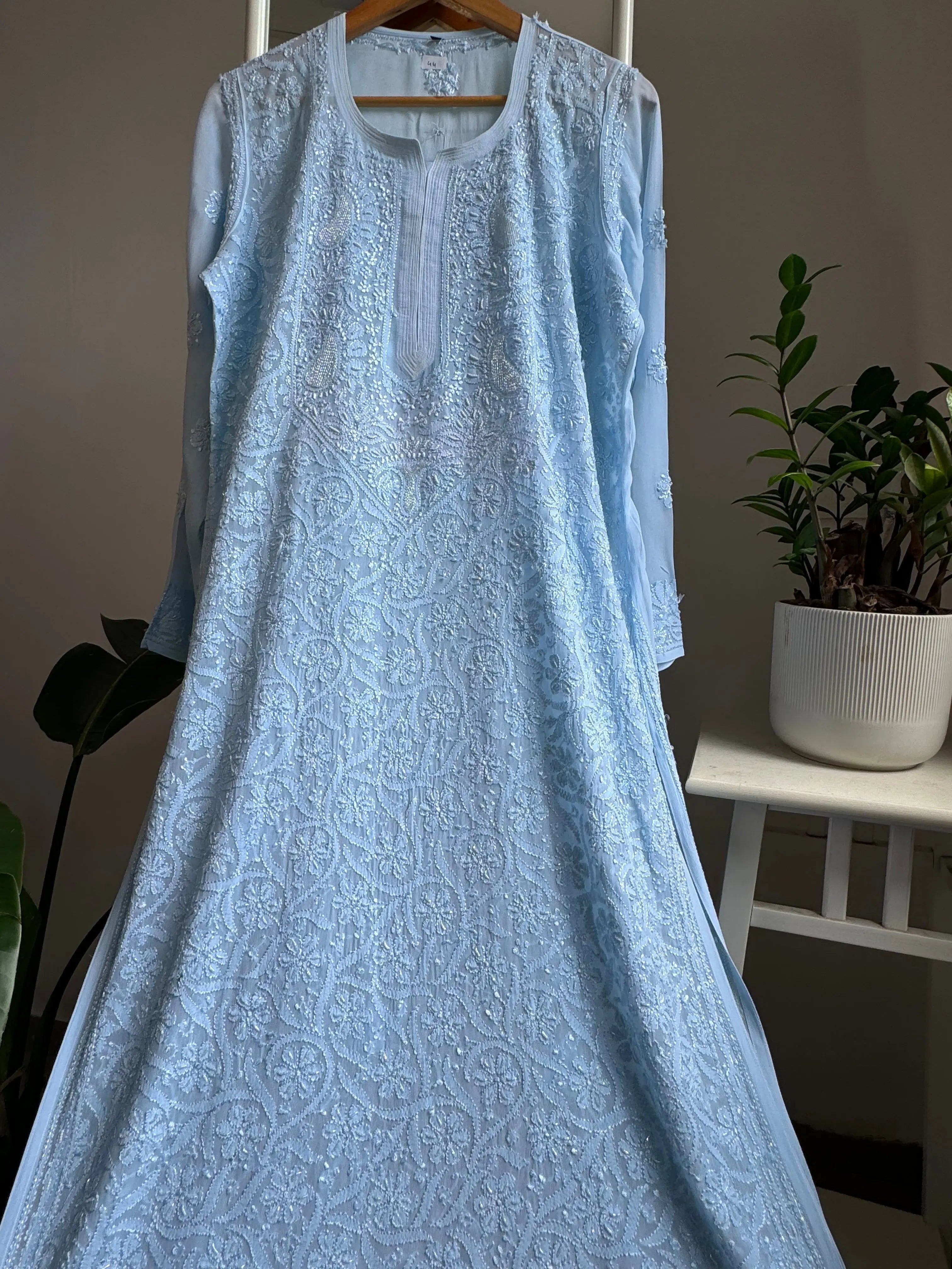 Viscose Kurti with Pearl Add on Work - Baby Blue ARIAA CHIKANKARI 