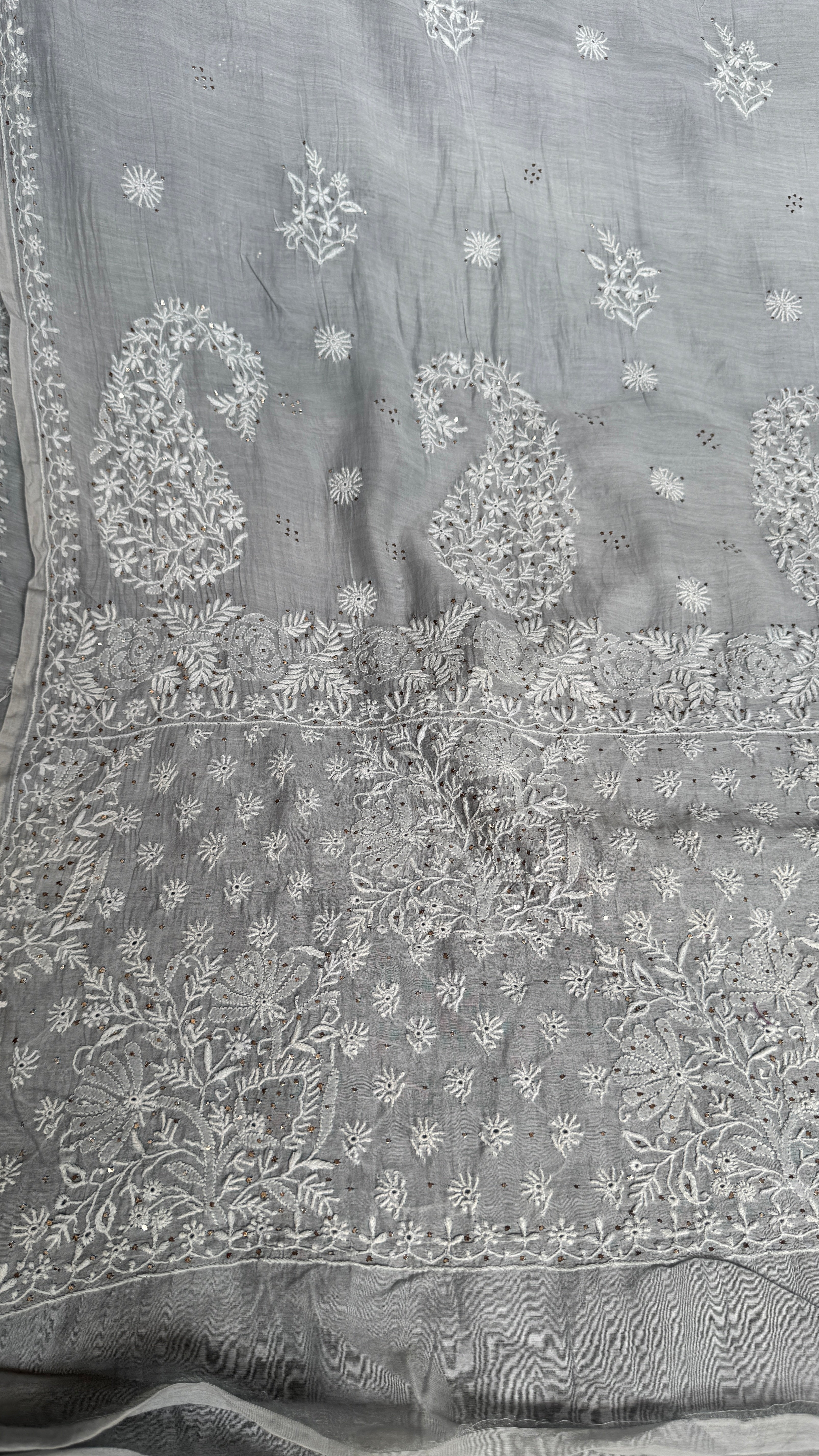 Pure Mul Chanderi Chikankari saree in Grey with Mukaish work