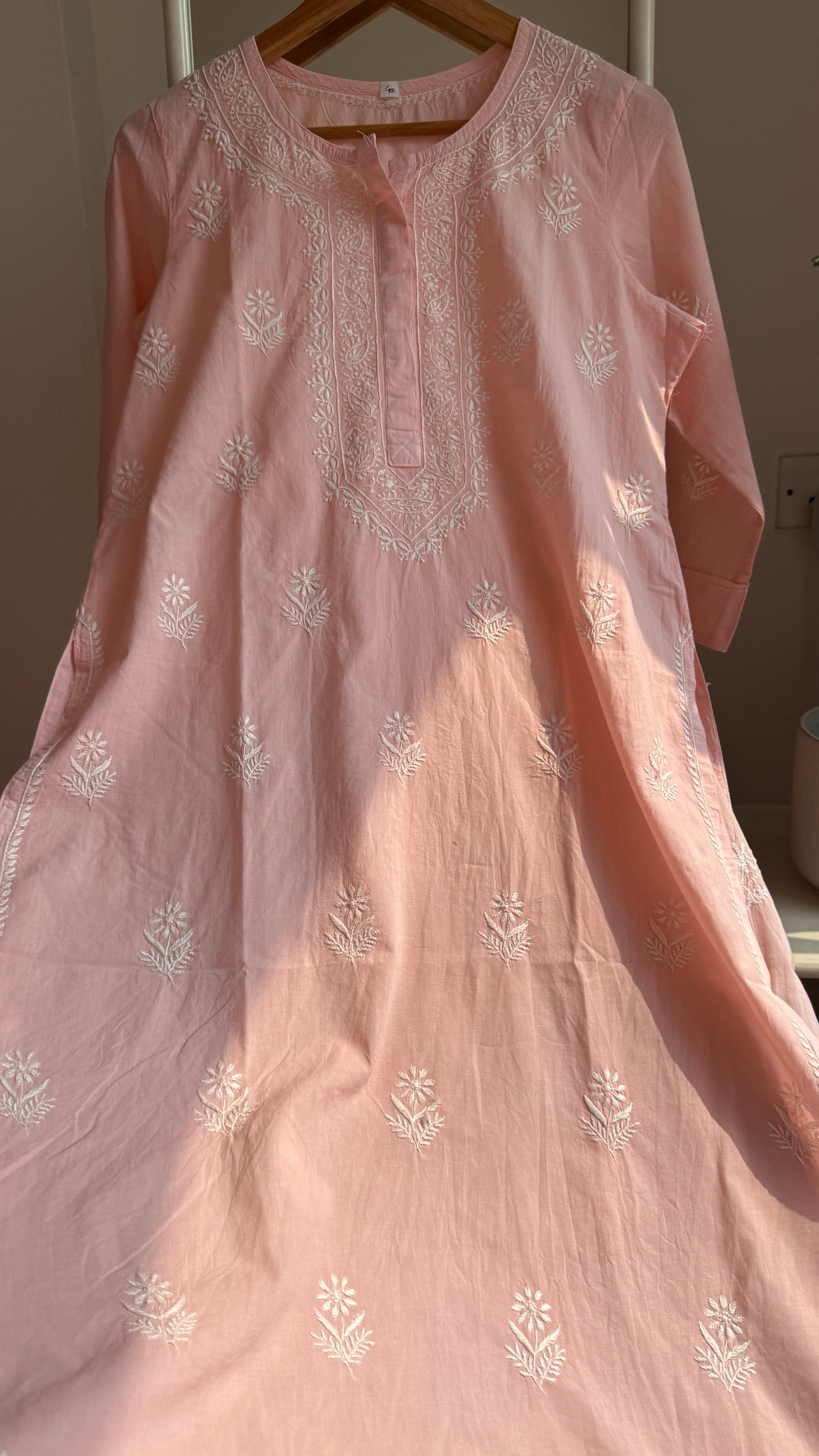 Mul Cotton Chikankari Kurti - Peach