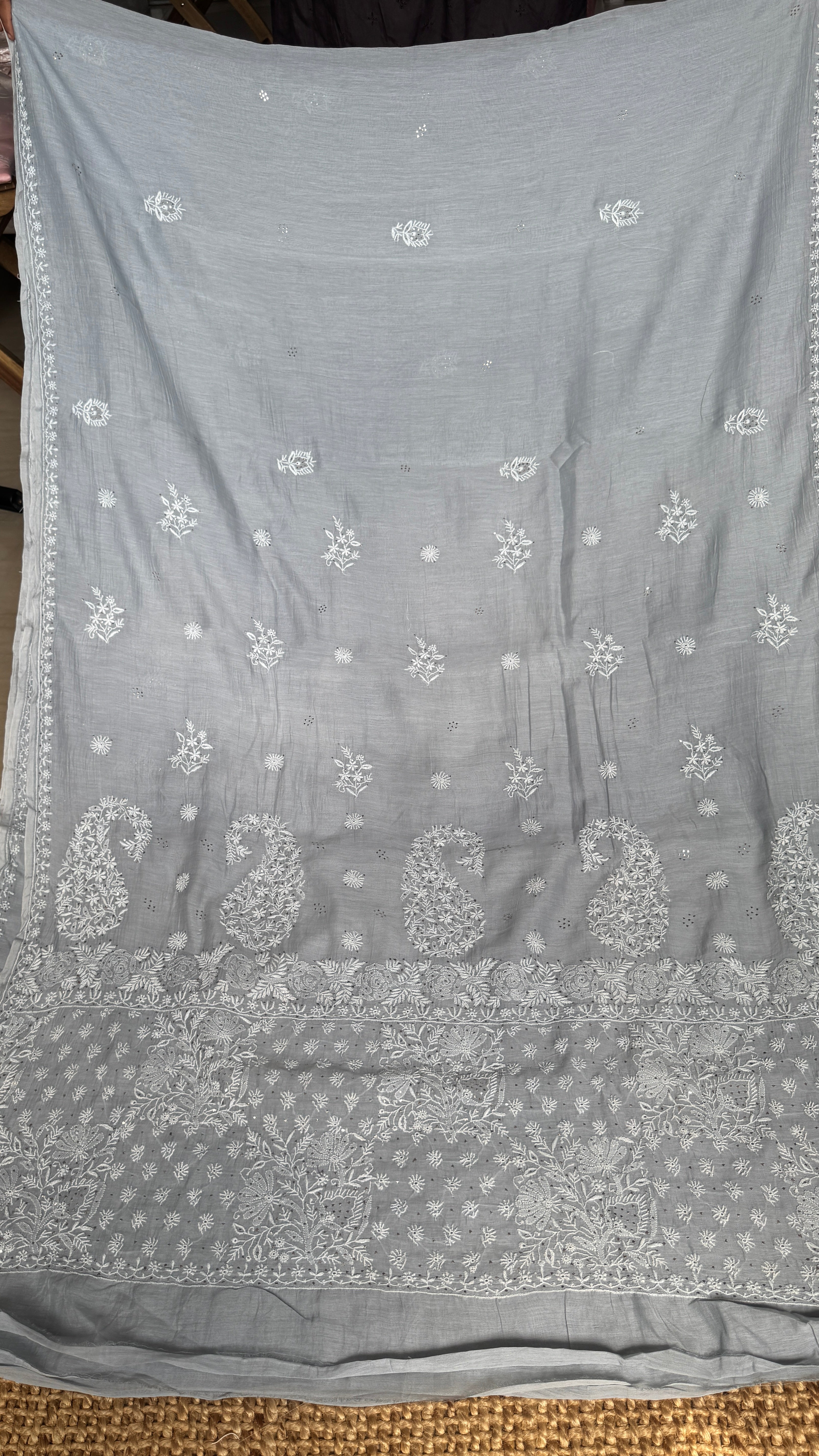 Pure Mul Chanderi Chikankari saree in Grey with Mukaish work