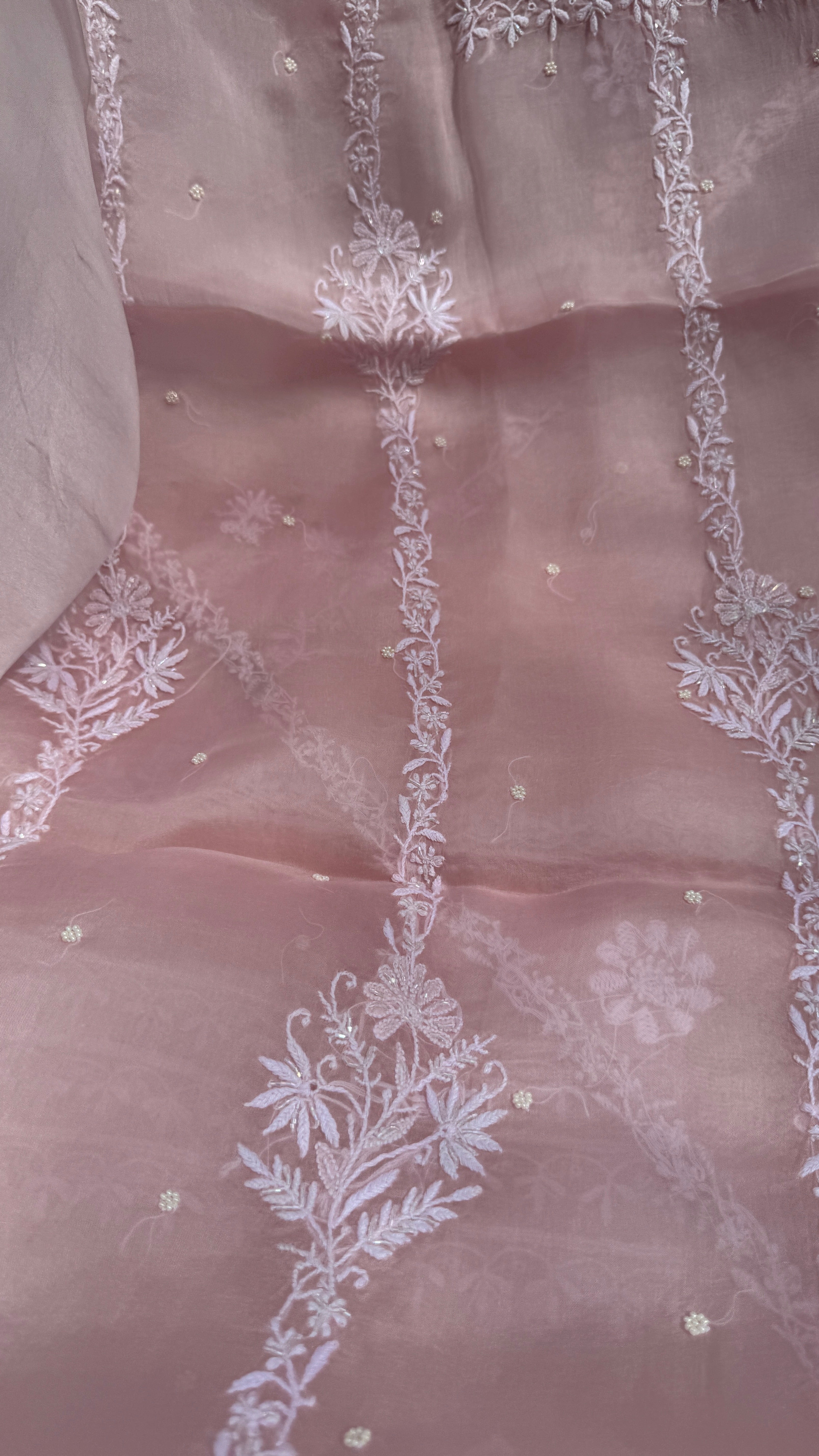 Organza Chikankari Kurta Set with Dupatta | Pearl & Cutdana Work - Pink