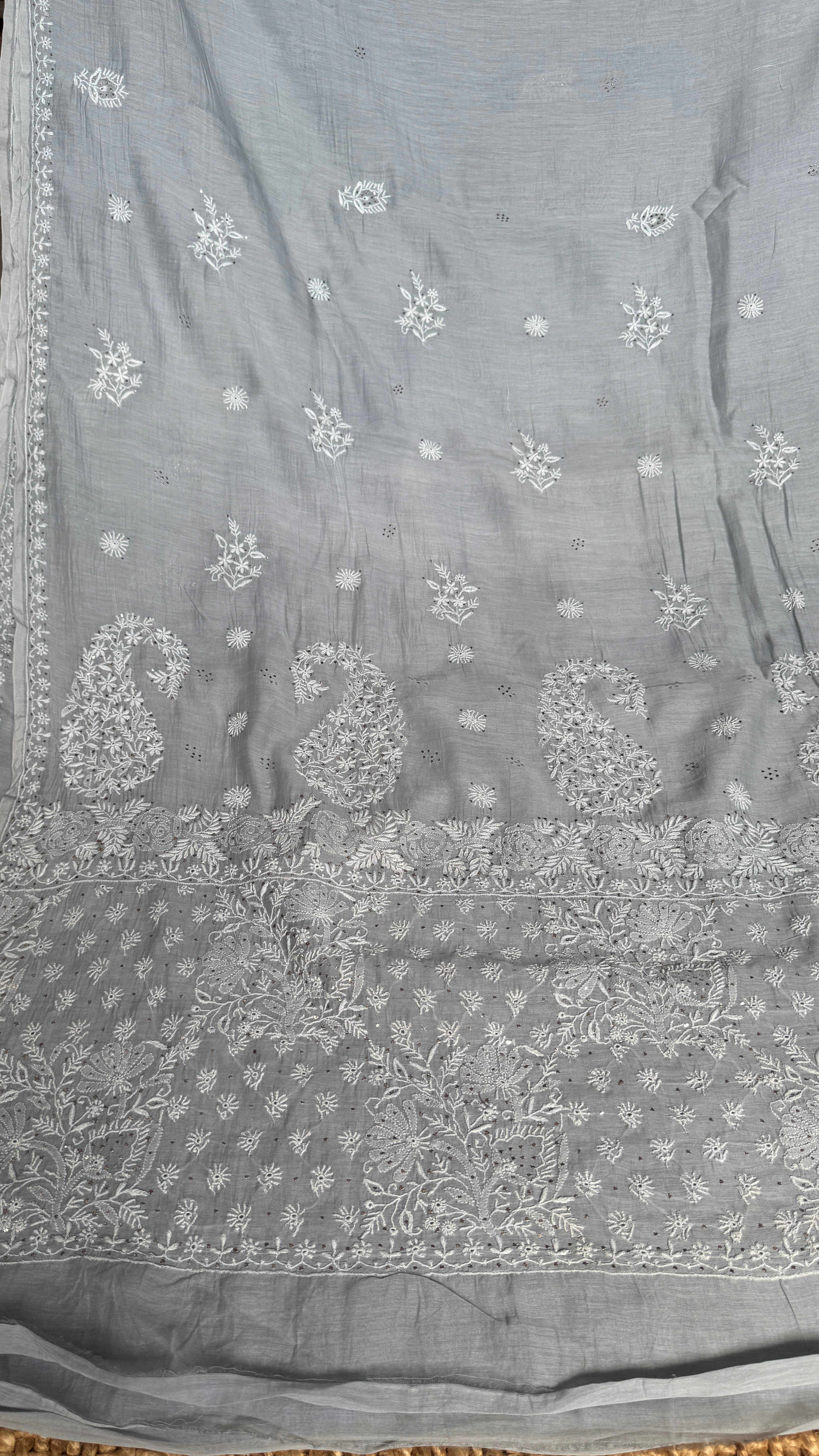 Pure Mul Chanderi Chikankari saree in Grey with Mukaish work