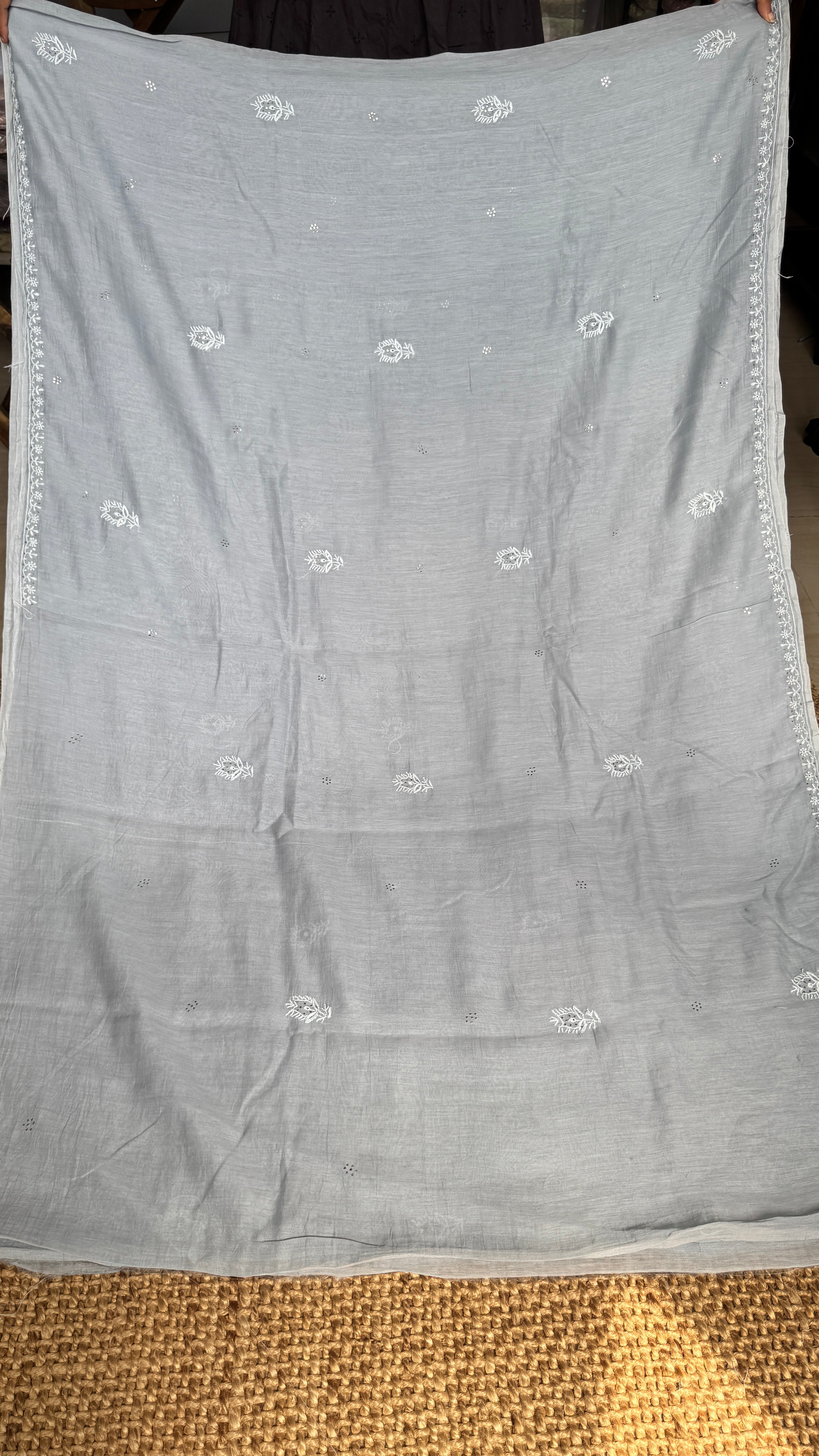 Pure Mul Chanderi Chikankari saree in Grey with Mukaish work