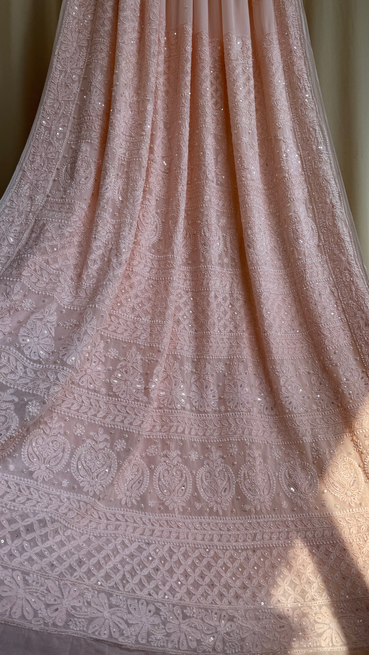 Viscose Chikankari saree with Pearl embellishments -Peach