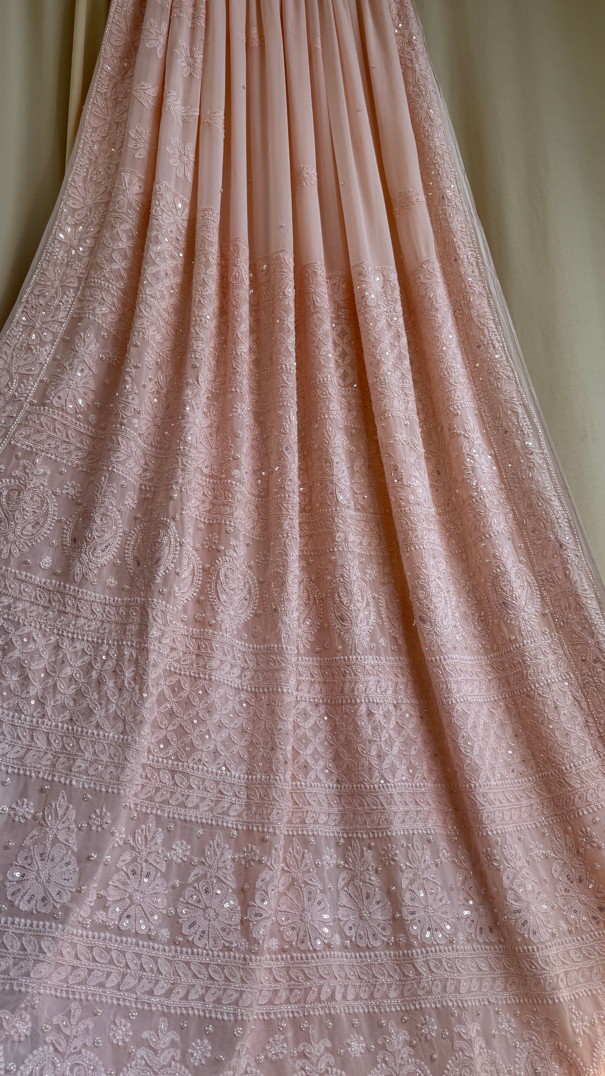 Viscose Chikankari saree with Pearl embellishments -Peach