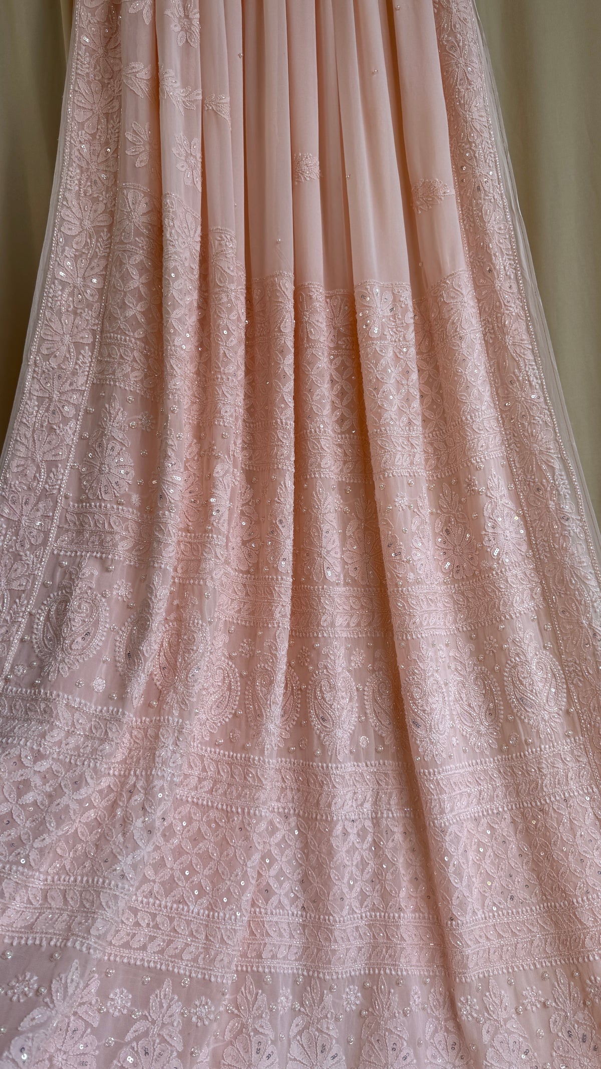 Viscose Chikankari saree with Pearl embellishments -Peach