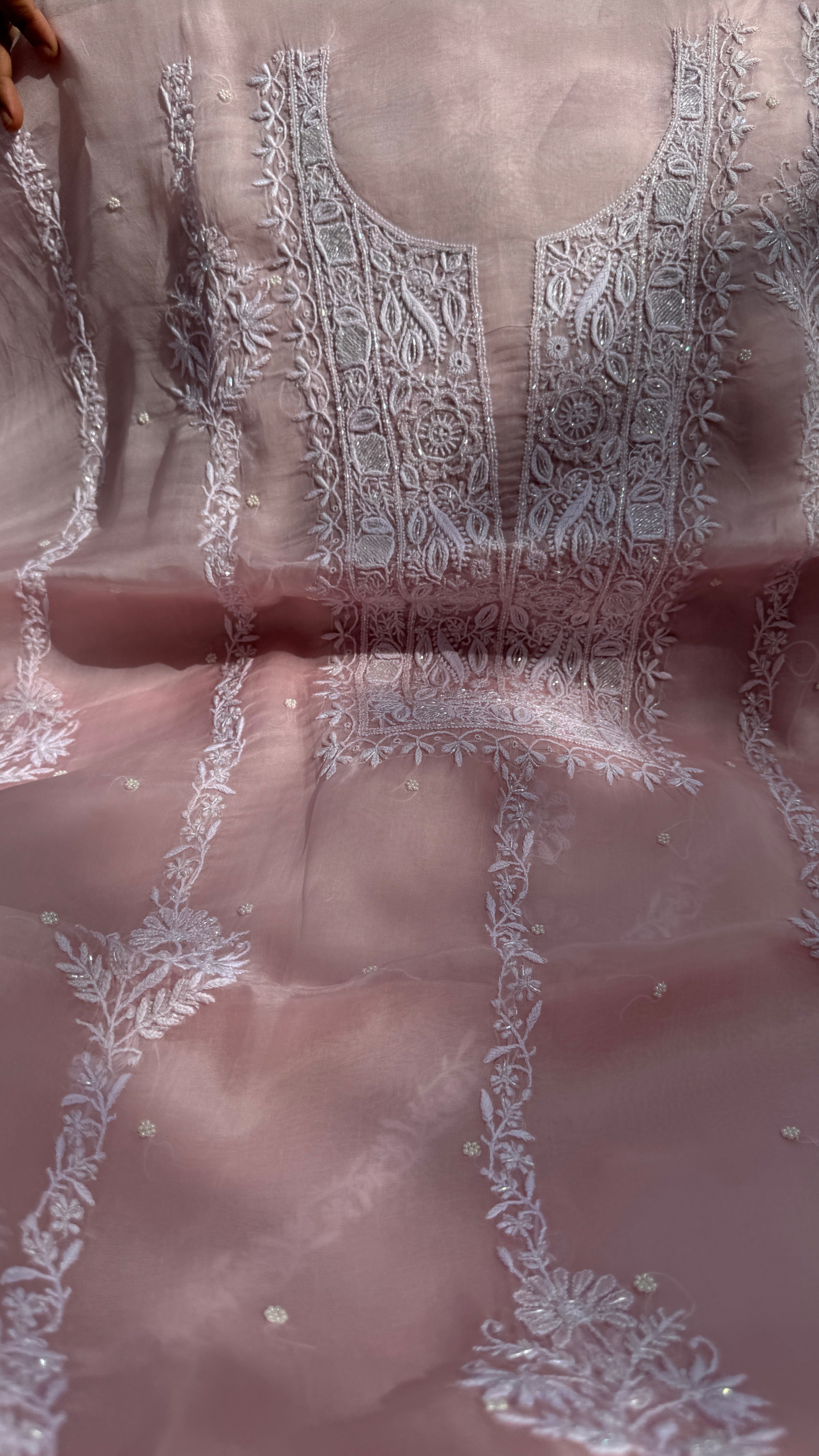 Organza Chikankari Kurta Set with Dupatta | Pearl & Cutdana Work - Pink