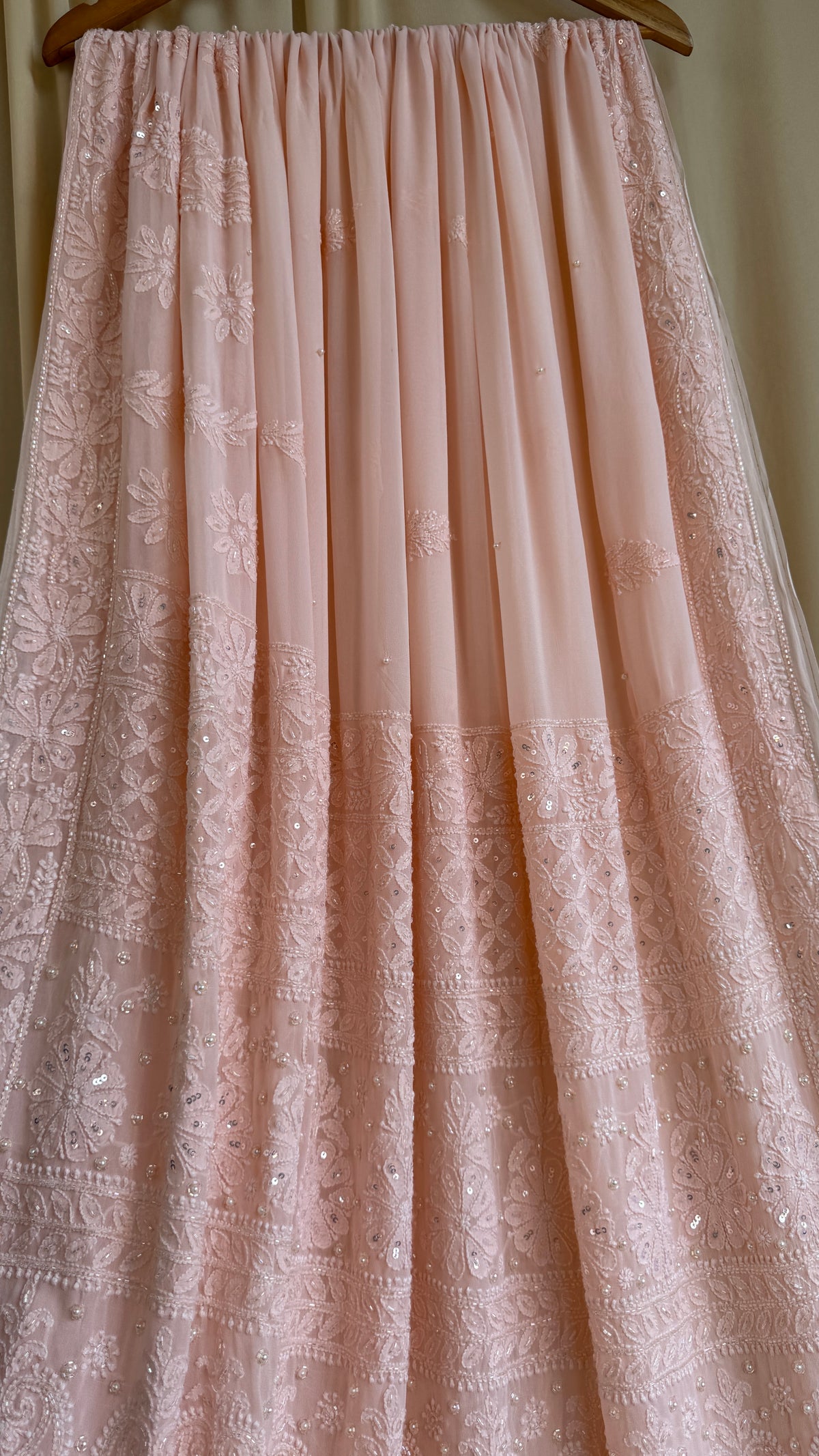 Viscose Chikankari saree with Pearl embellishments -Peach