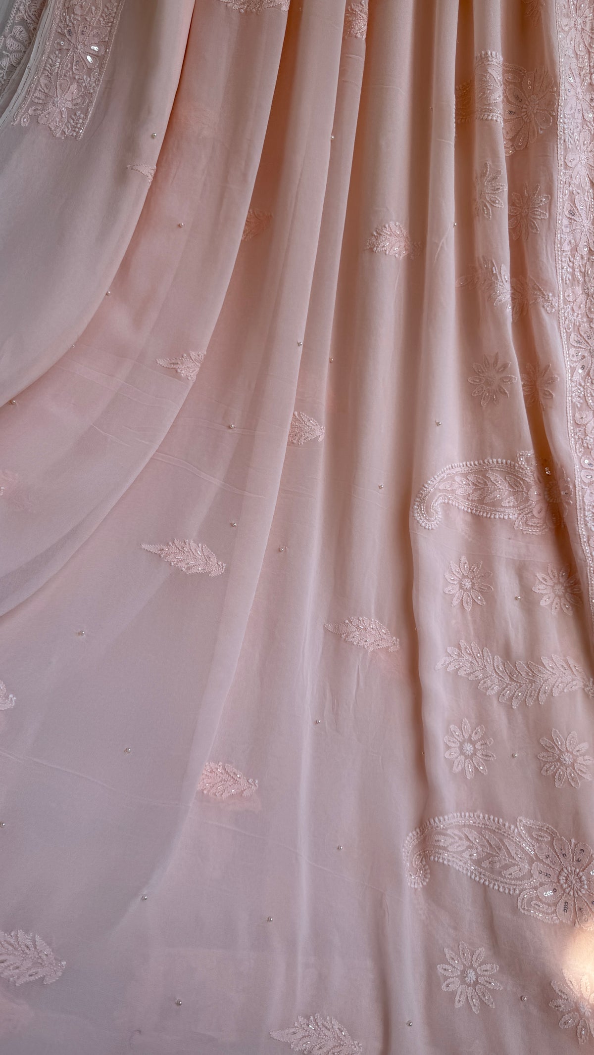 Viscose Chikankari saree with Pearl embellishments -Peach
