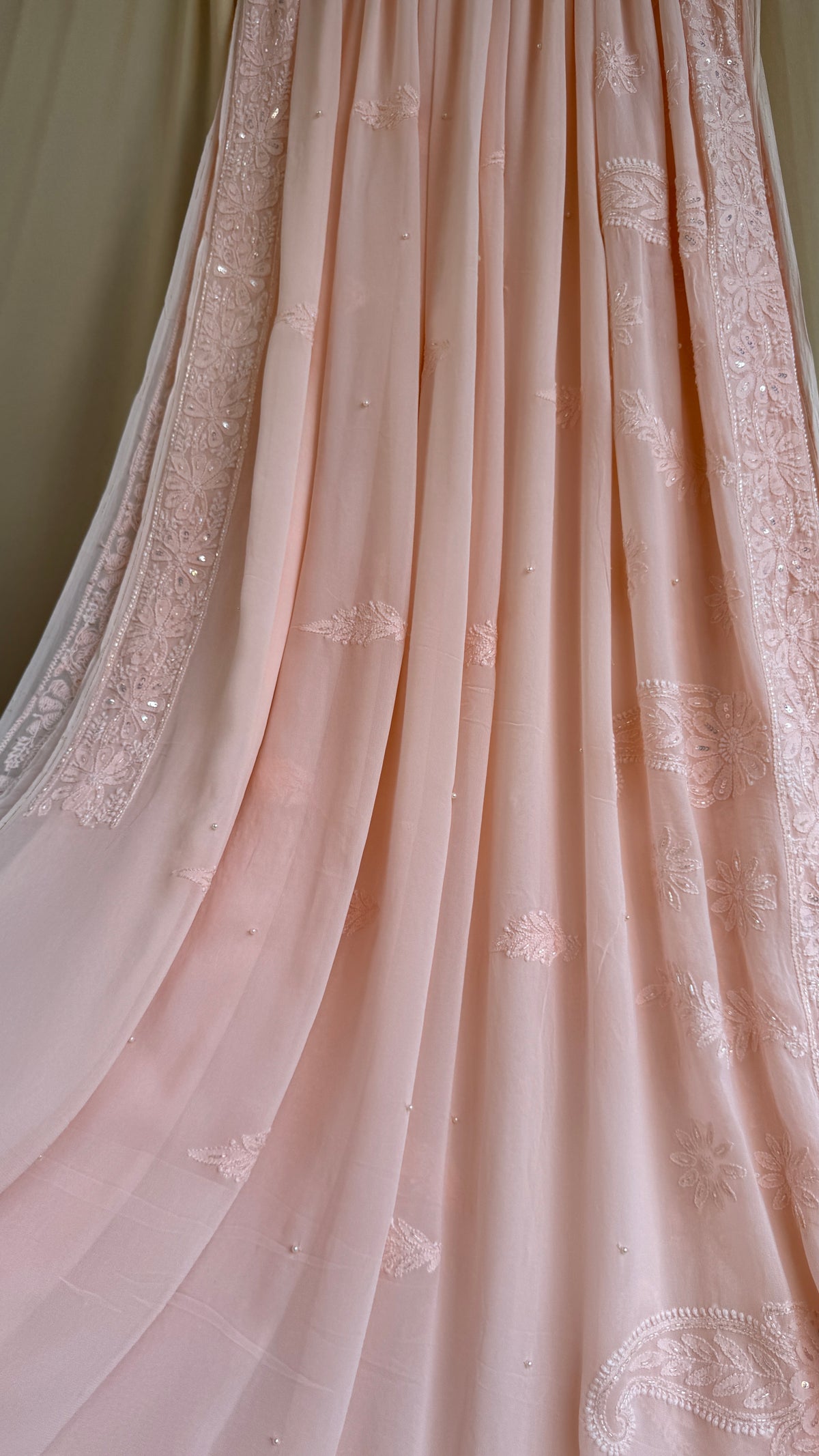 Viscose Chikankari saree with Pearl embellishments -Peach