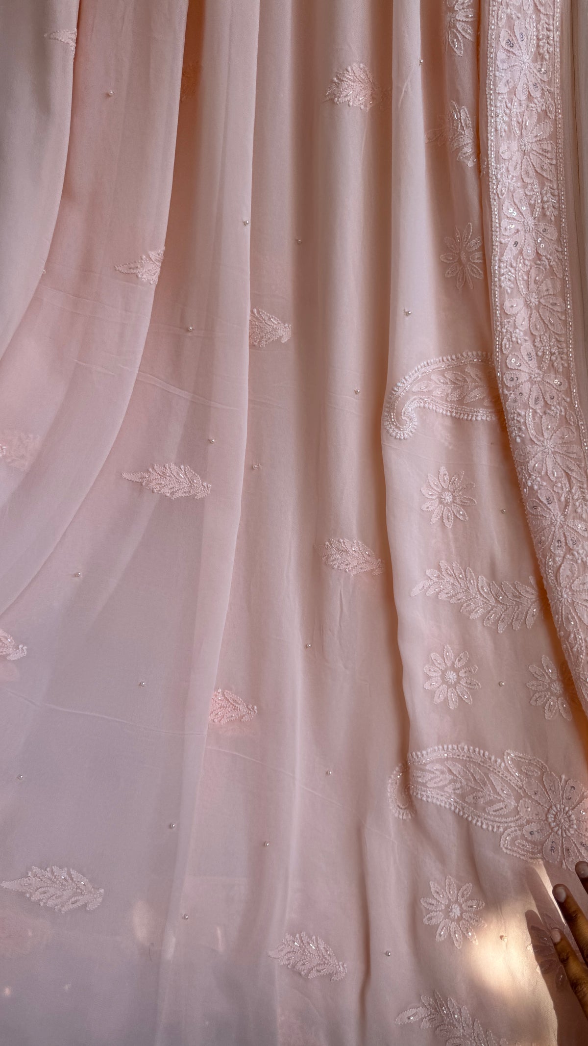 Viscose Chikankari saree with Pearl embellishments -Peach