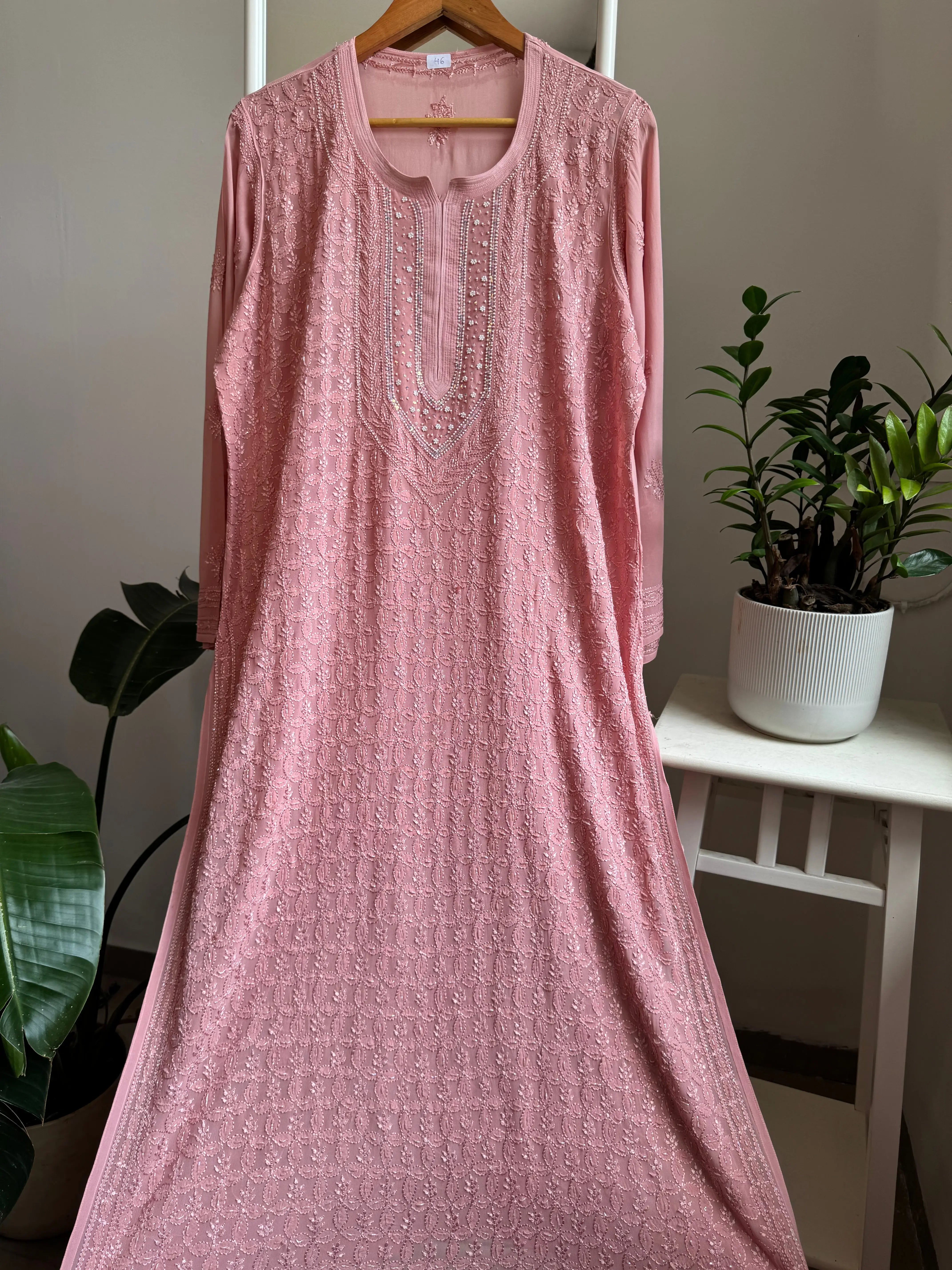 Viscose Kurti with Pearl  Work - Rosewood Pink ARIAA CHIKANKARI 