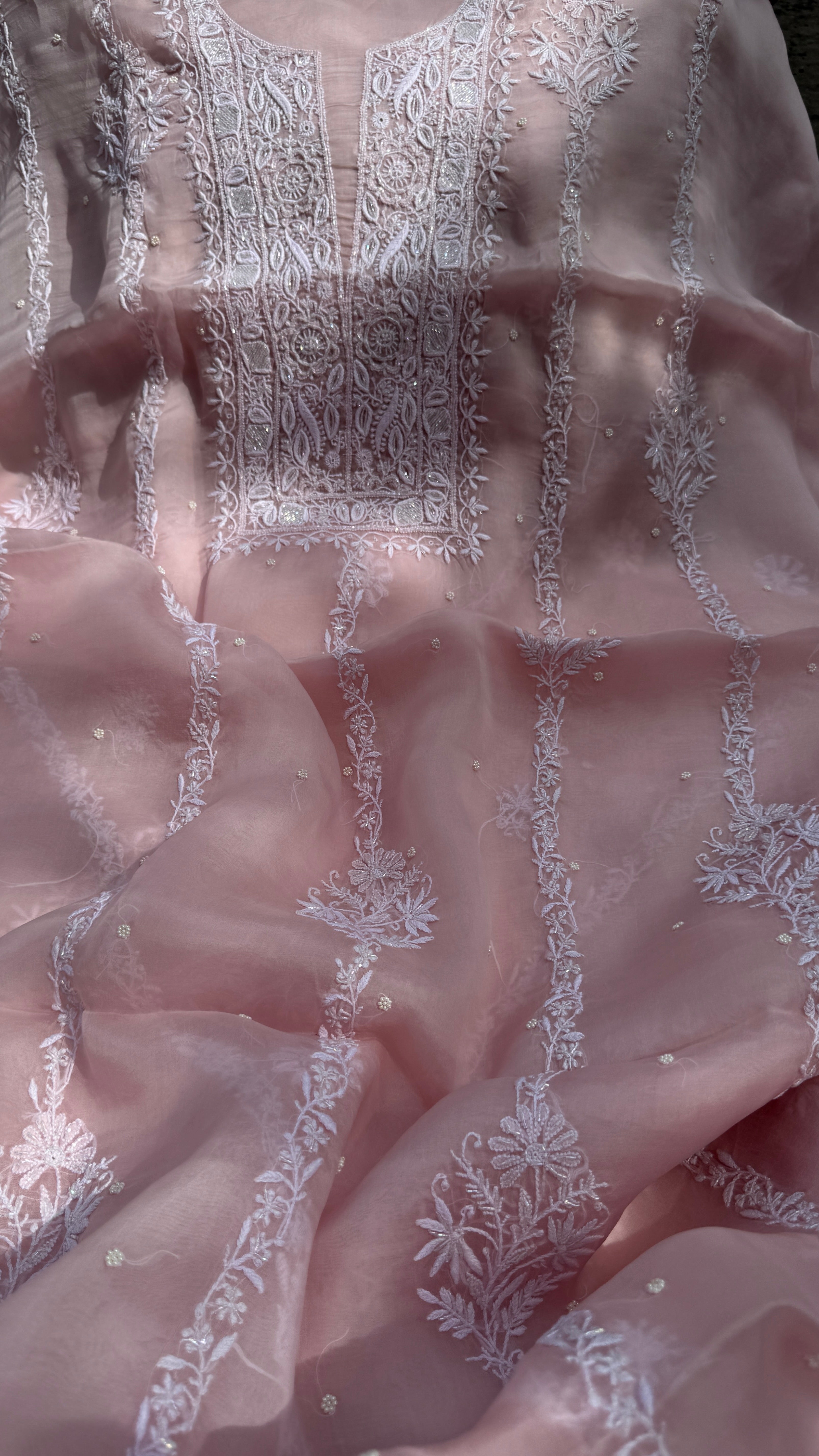 Organza Chikankari Kurta Set with Dupatta | Pearl & Cutdana Work - Pink