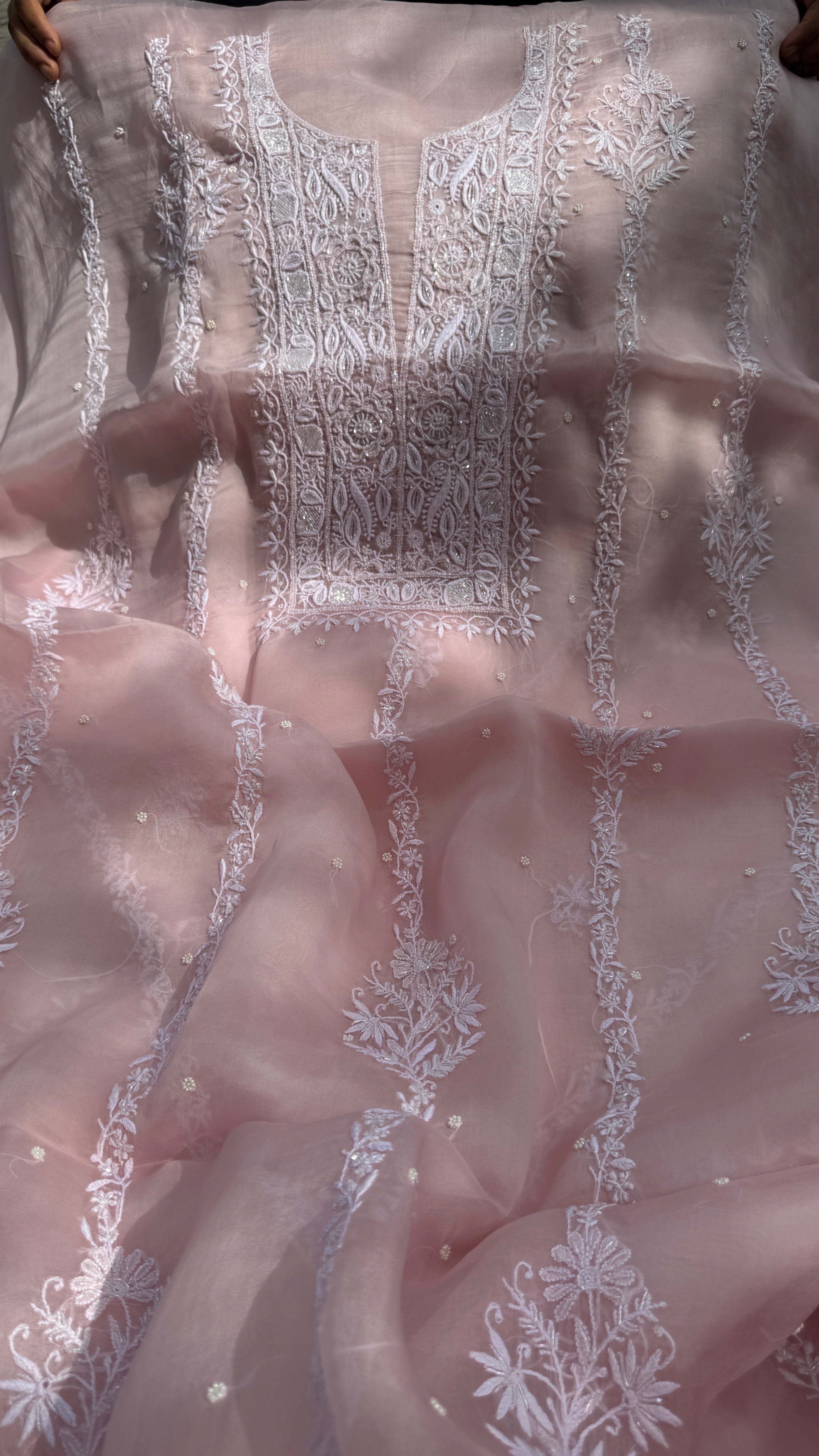 Organza Chikankari Kurta Set with Dupatta | Pearl & Cutdana Work - Pink