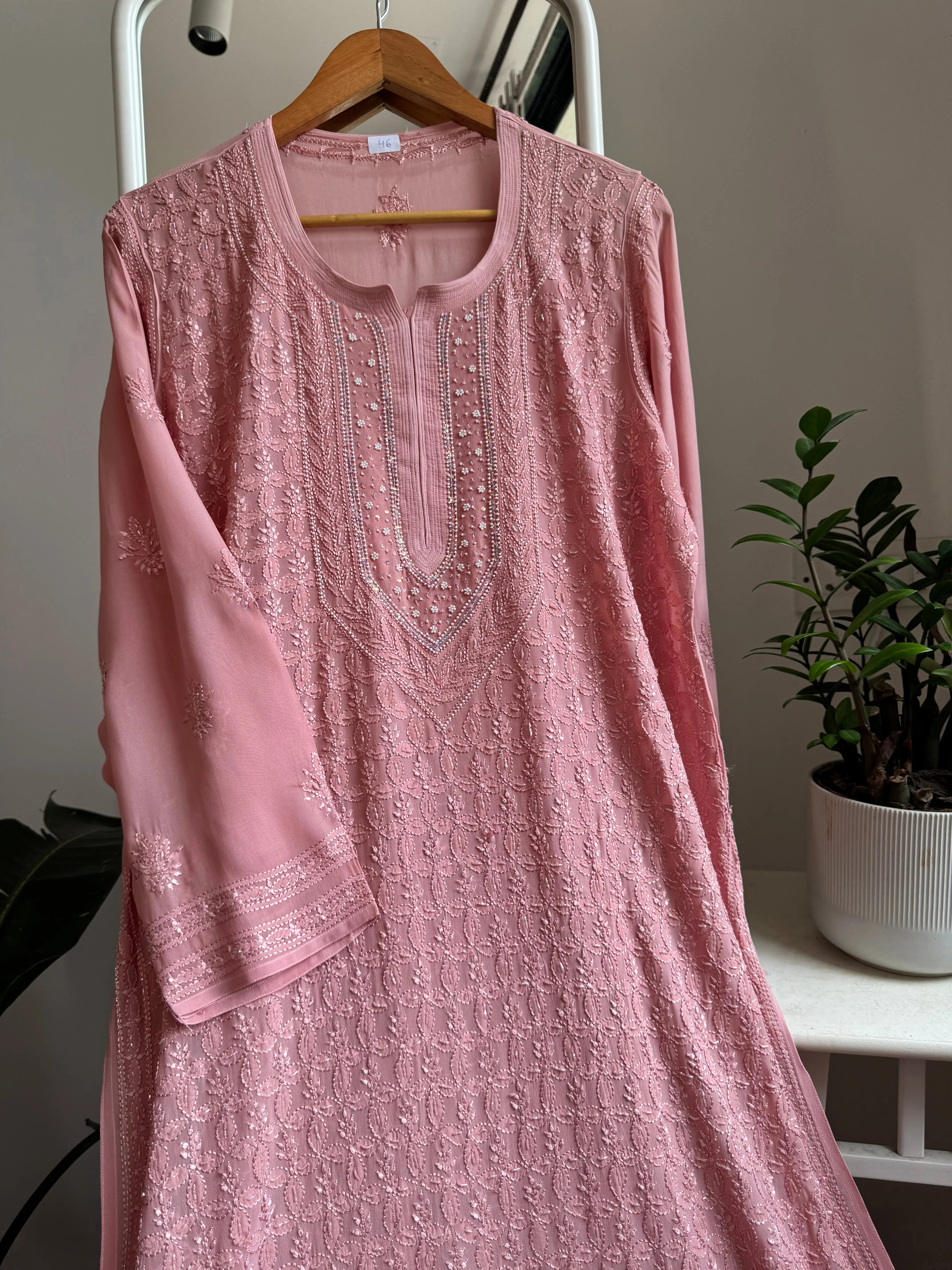 Viscose Kurti with Pearl  Work - Rosewood Pink ARIAA CHIKANKARI 