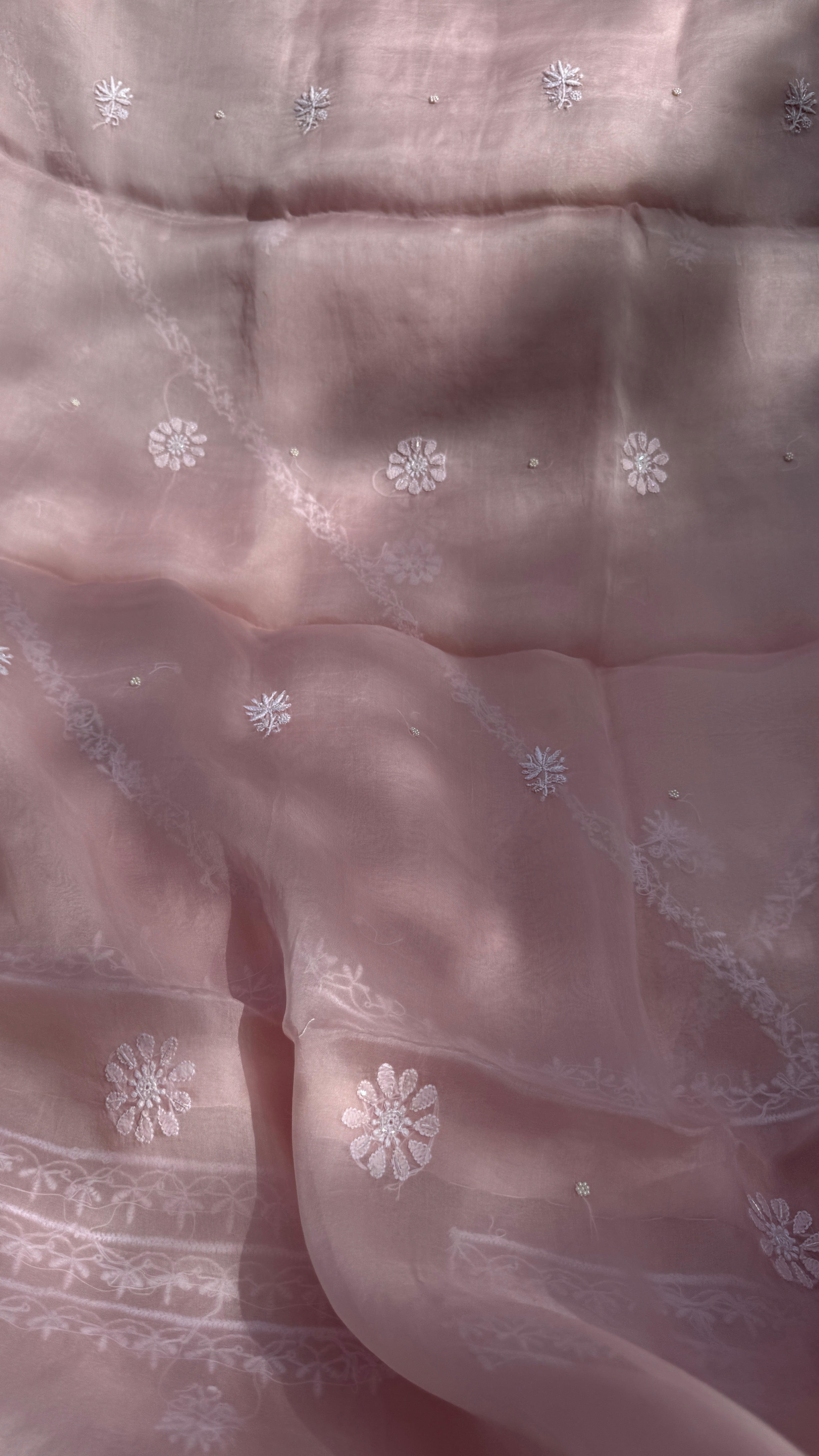 Organza Chikankari Kurta Set with Dupatta | Pearl & Cutdana Work - Pink