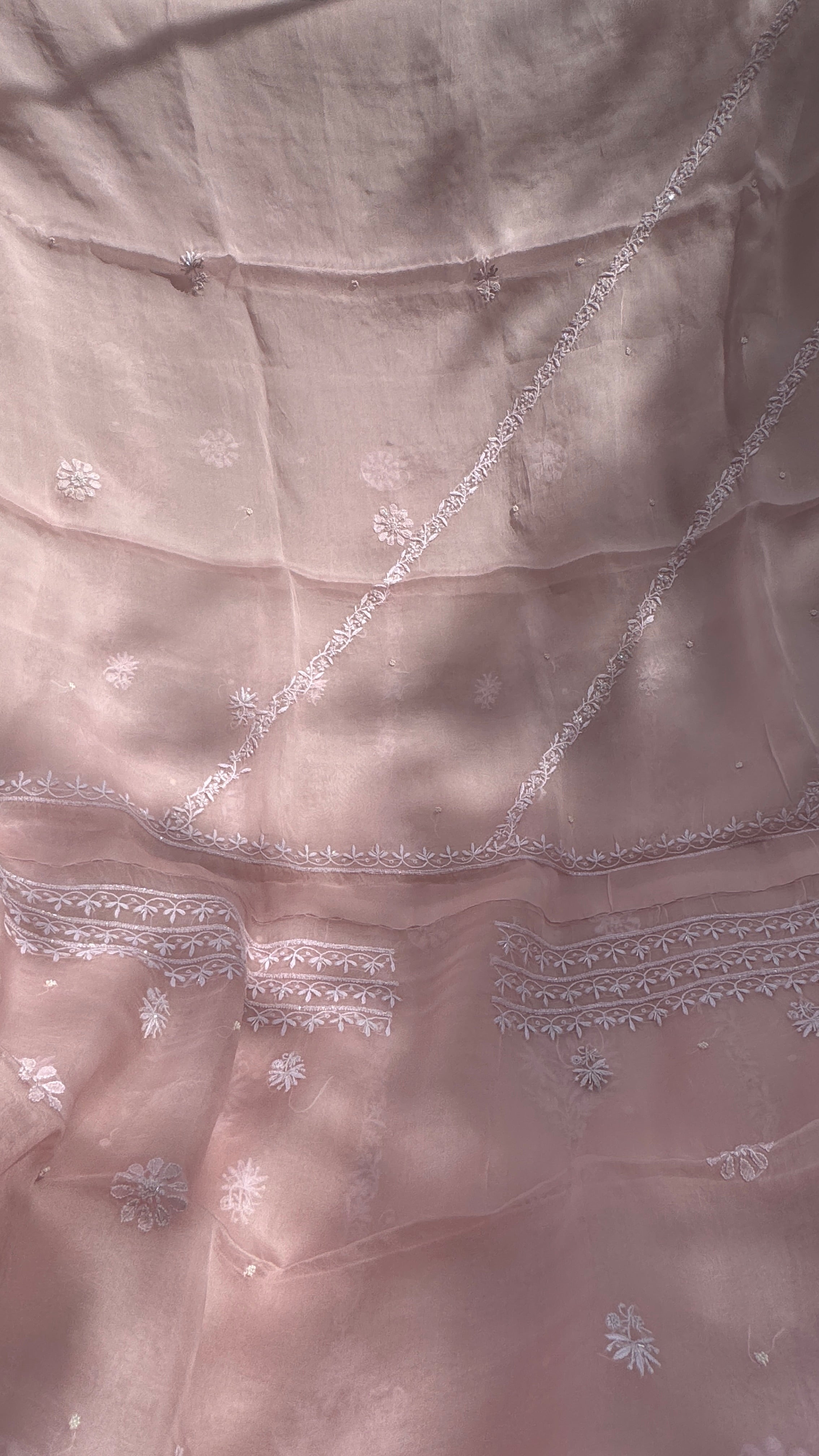 Organza Chikankari Kurta Set with Dupatta | Pearl & Cutdana Work - Pink