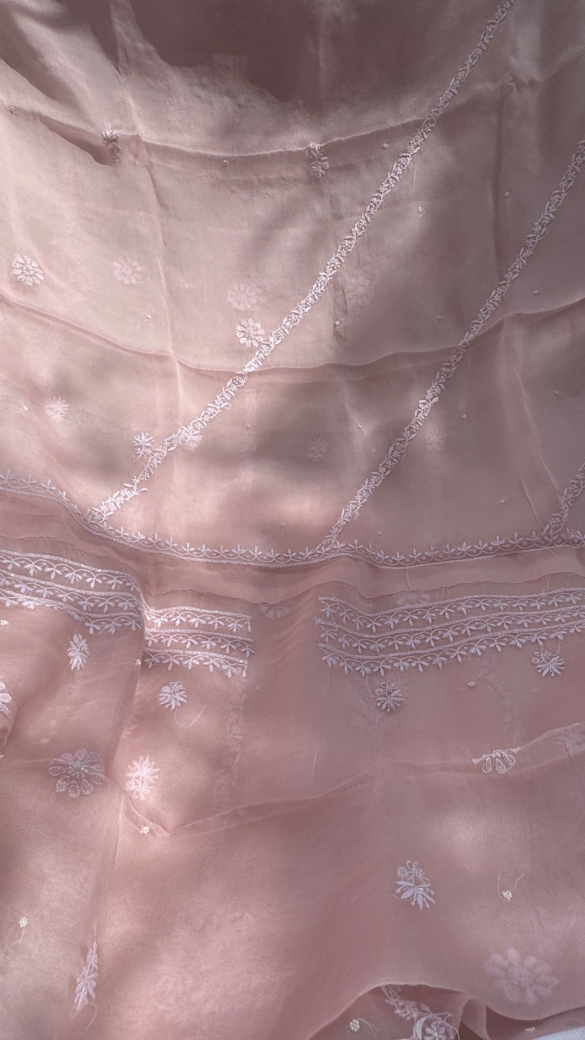 Organza Chikankari Kurta Set with Dupatta | Pearl & Cutdana Work - Pink