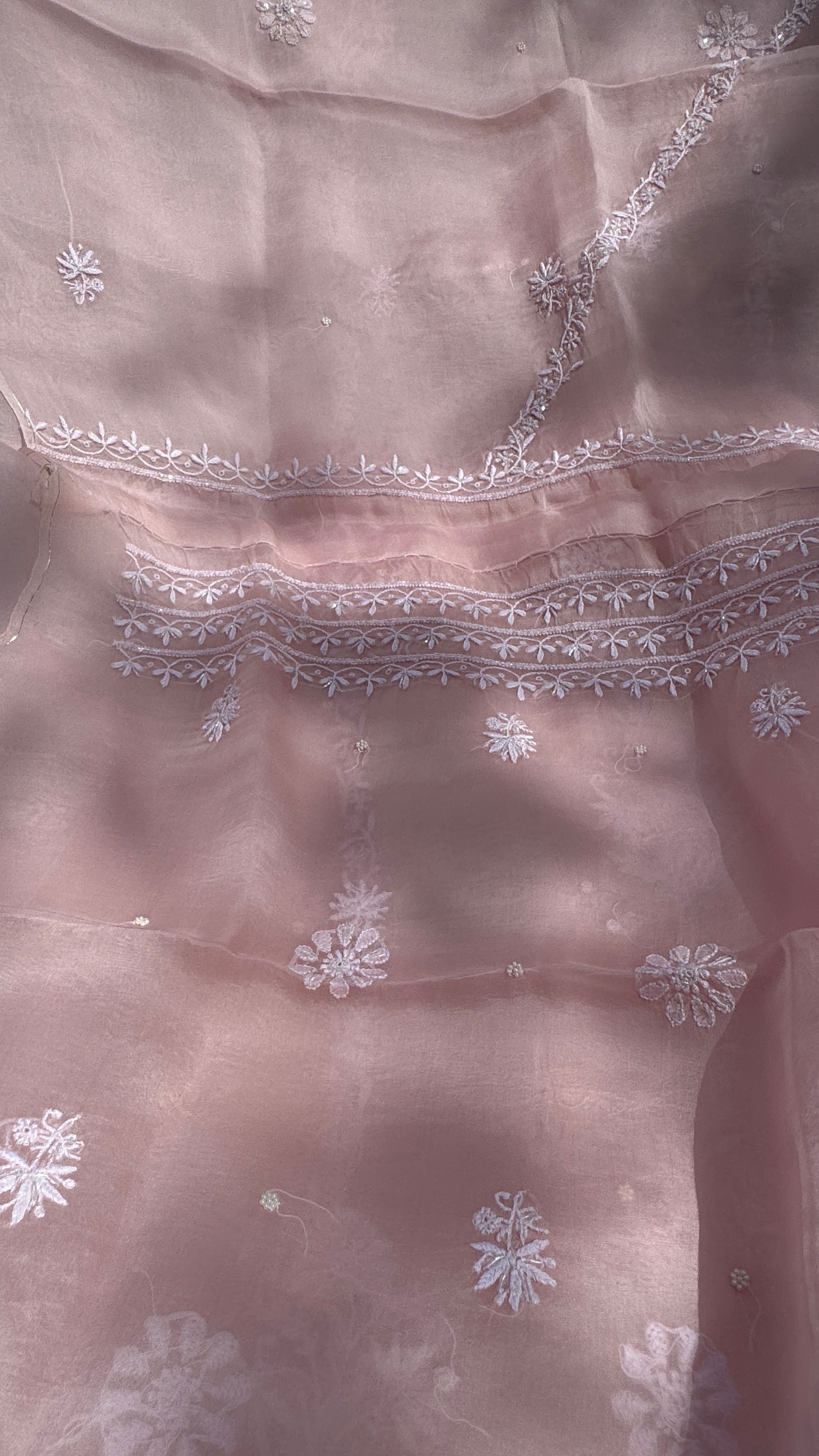 Organza Chikankari Kurta Set with Dupatta | Pearl & Cutdana Work - Pink