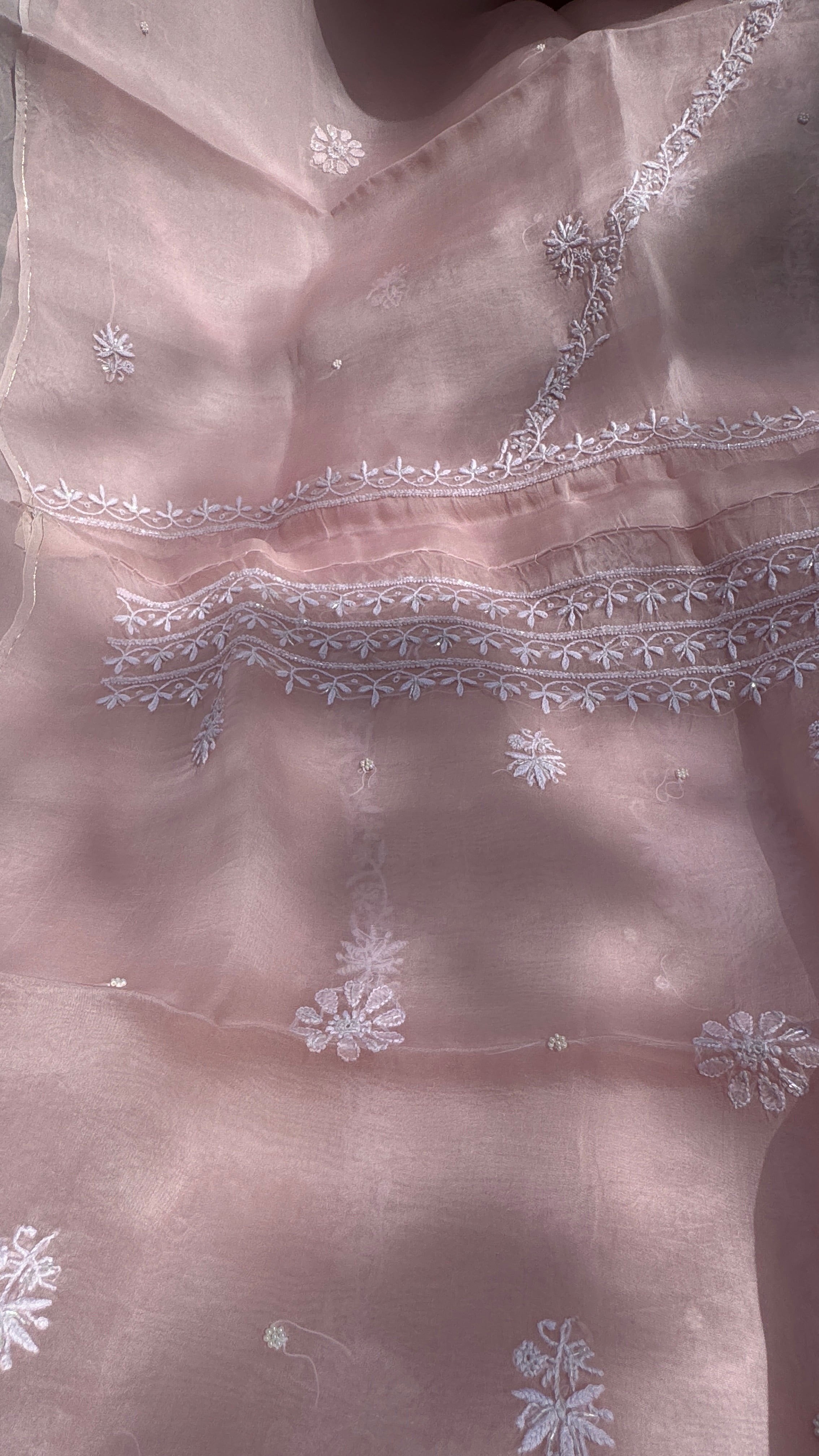 Organza Chikankari Kurta Set with Dupatta | Pearl & Cutdana Work - Pink