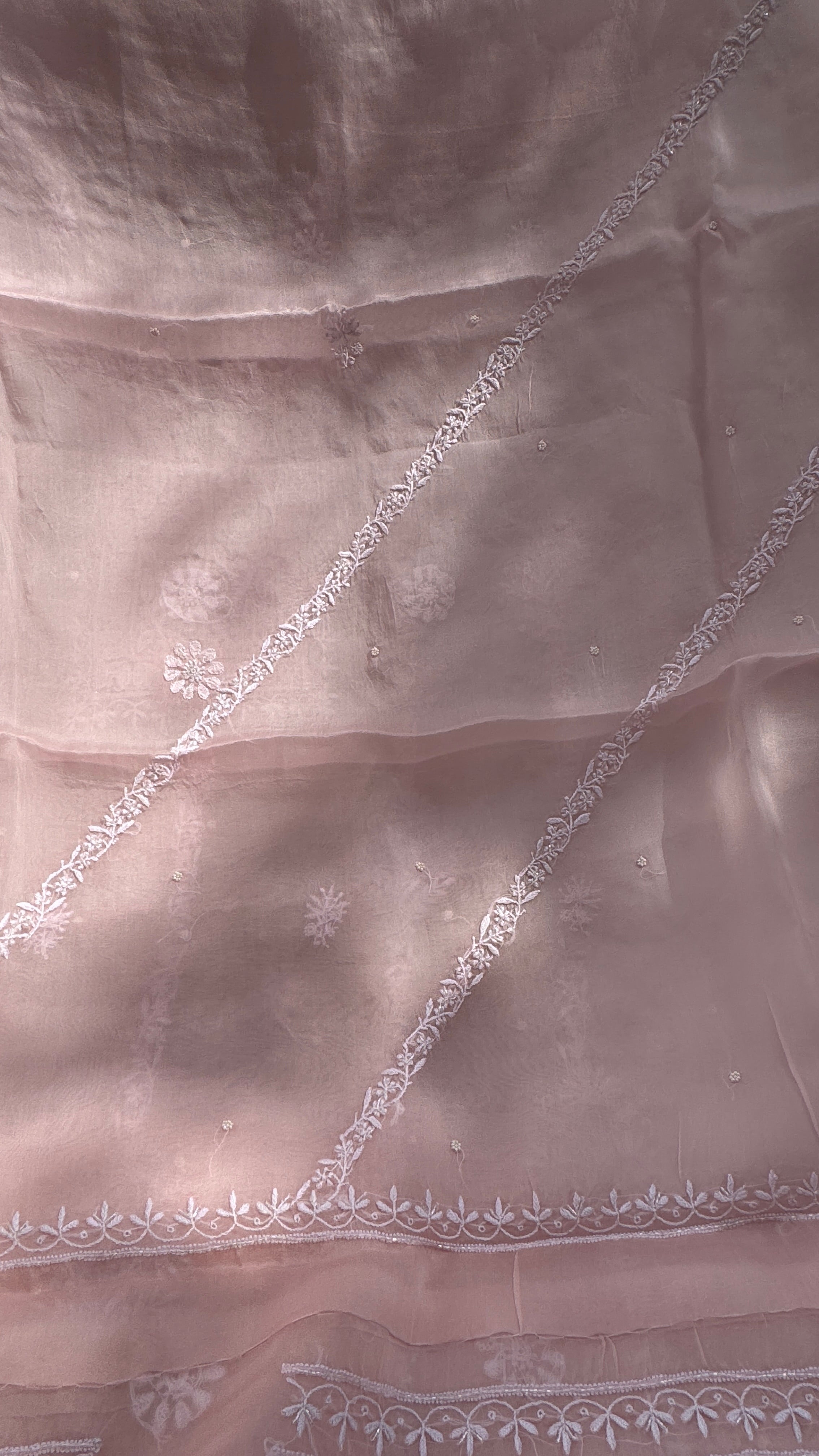 Organza Chikankari Kurta Set with Dupatta | Pearl & Cutdana Work - Pink