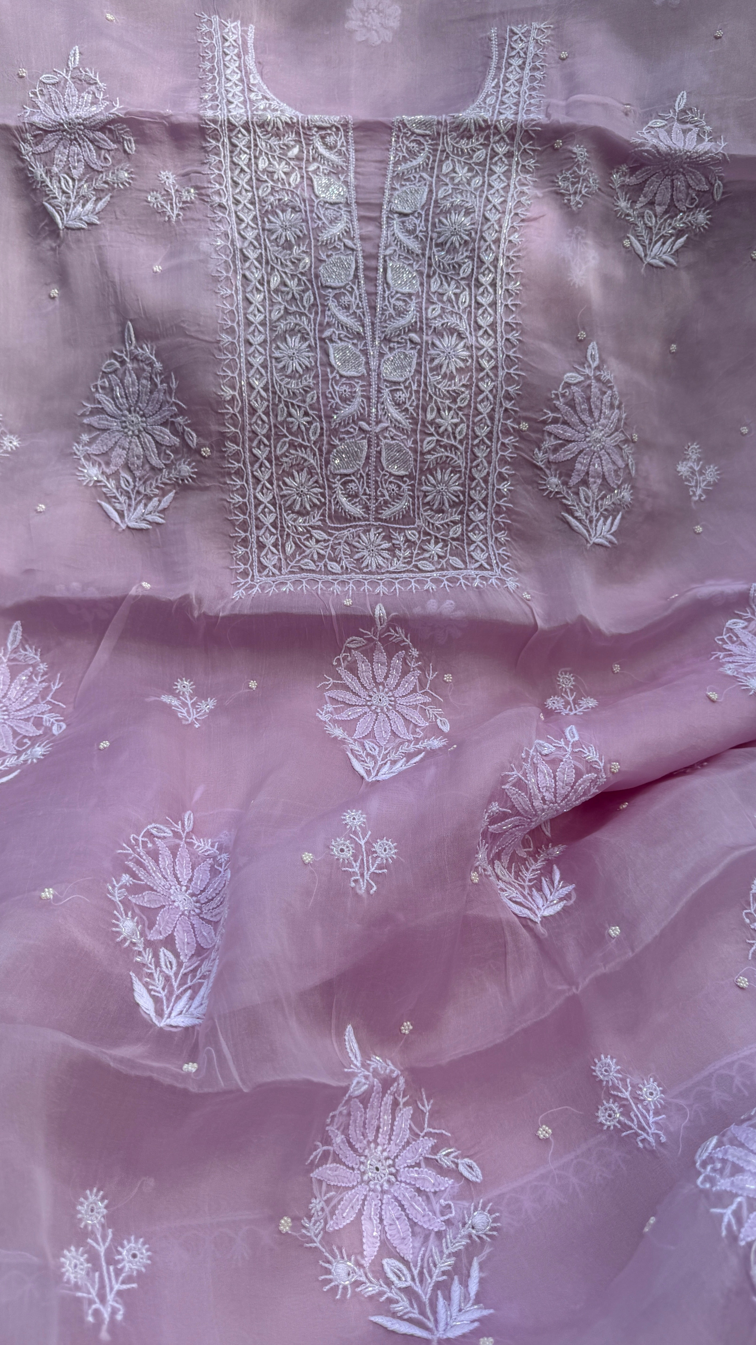 Organza Chikankari Kurta Set with Dupatta | Pearl & Cutdana Work - Rose Pink