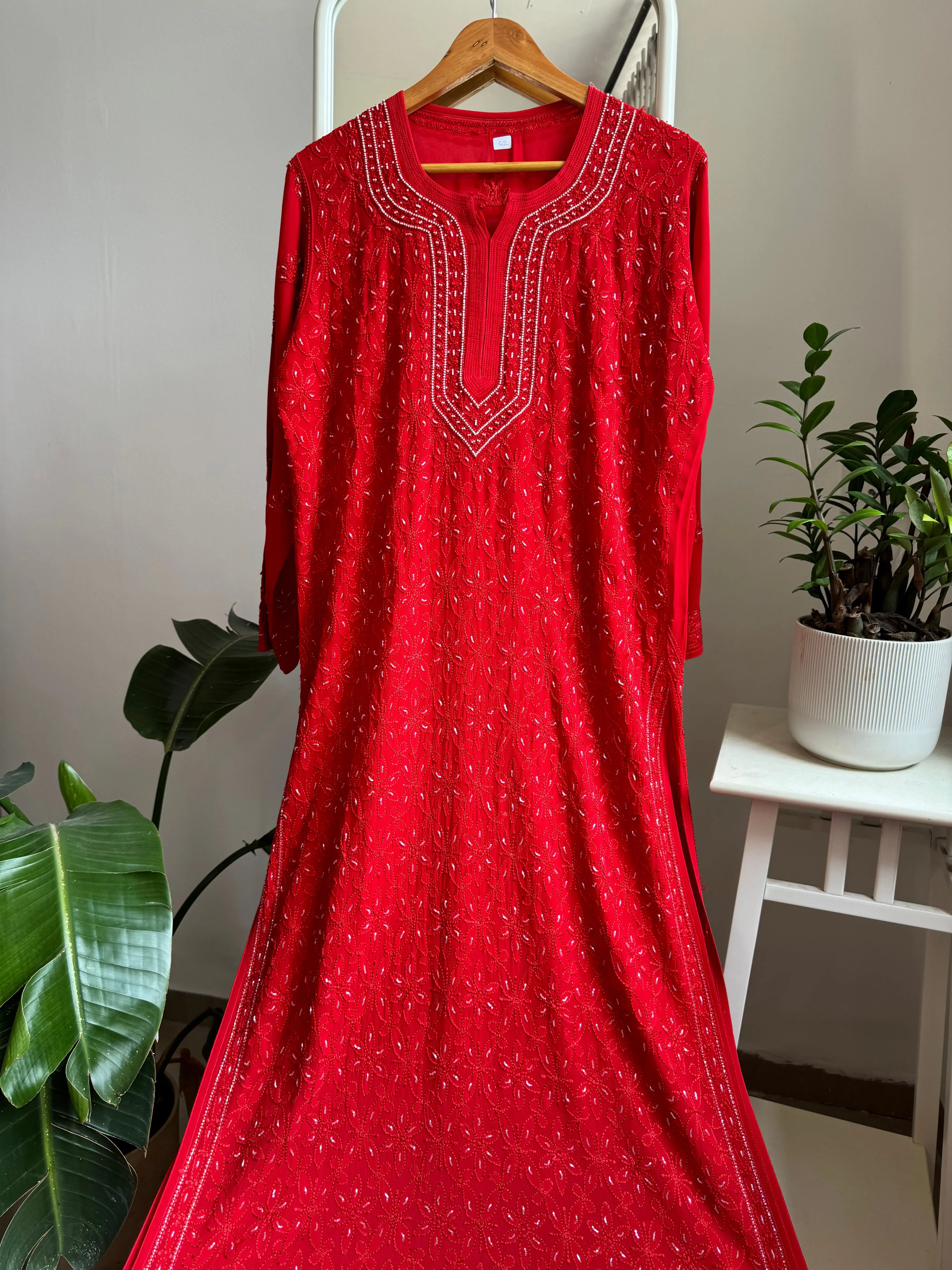 Viscose Kurti with Pearl  Work - Red ARIAA CHIKANKARI 