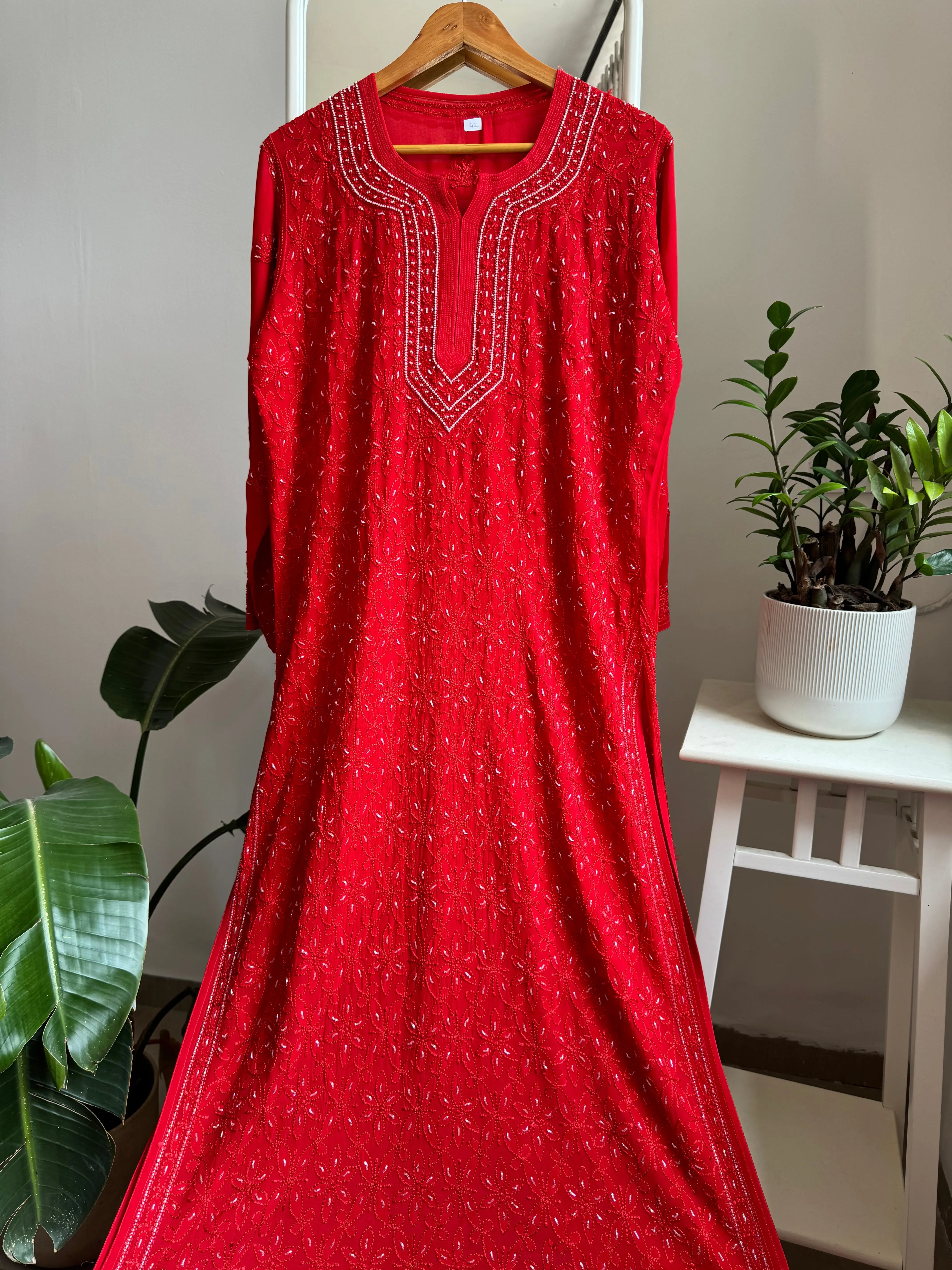 Viscose Kurti with Pearl  Work - Red ARIAA CHIKANKARI 