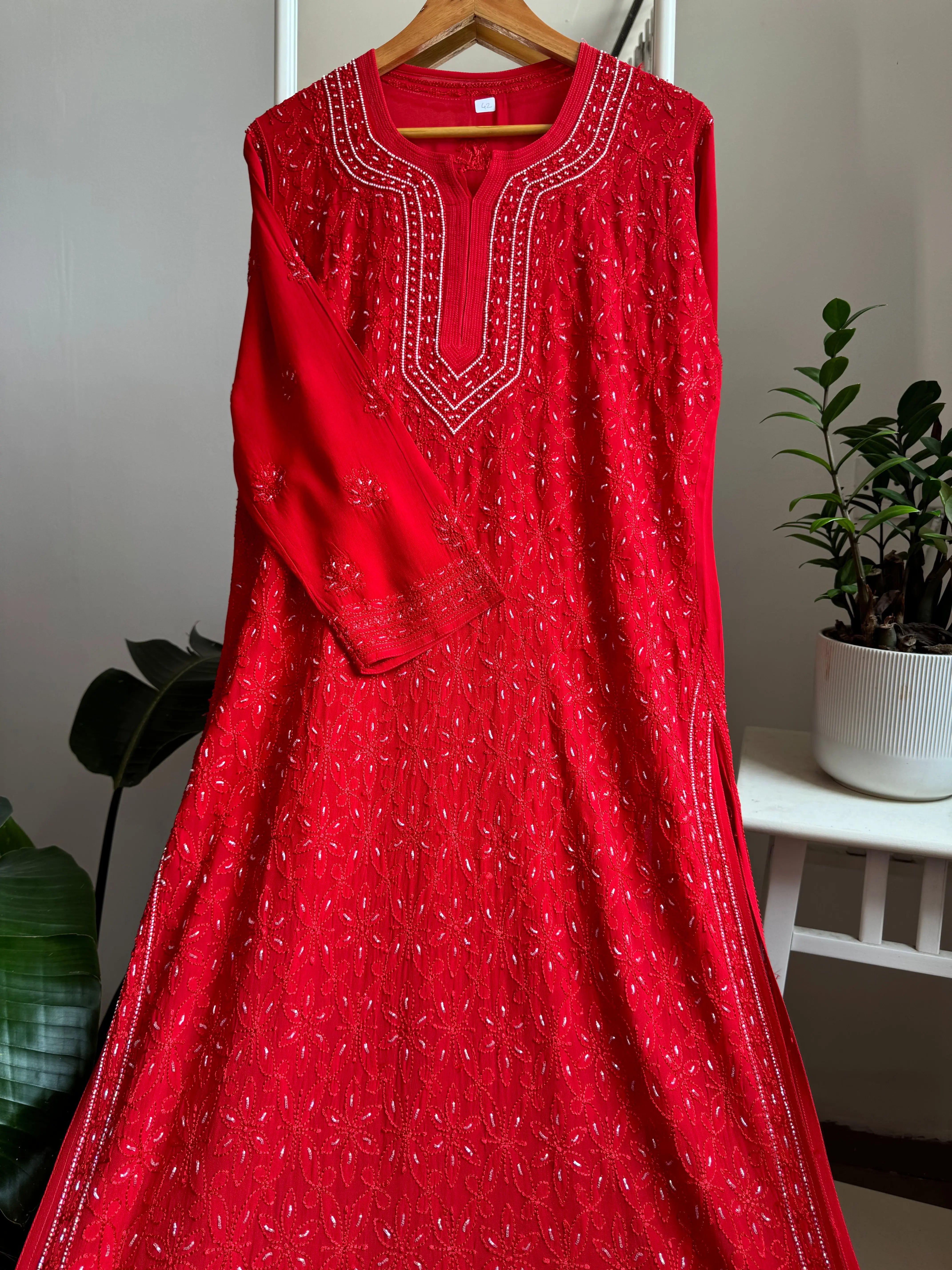 Viscose Kurti with Pearl  Work - Red ARIAA CHIKANKARI 