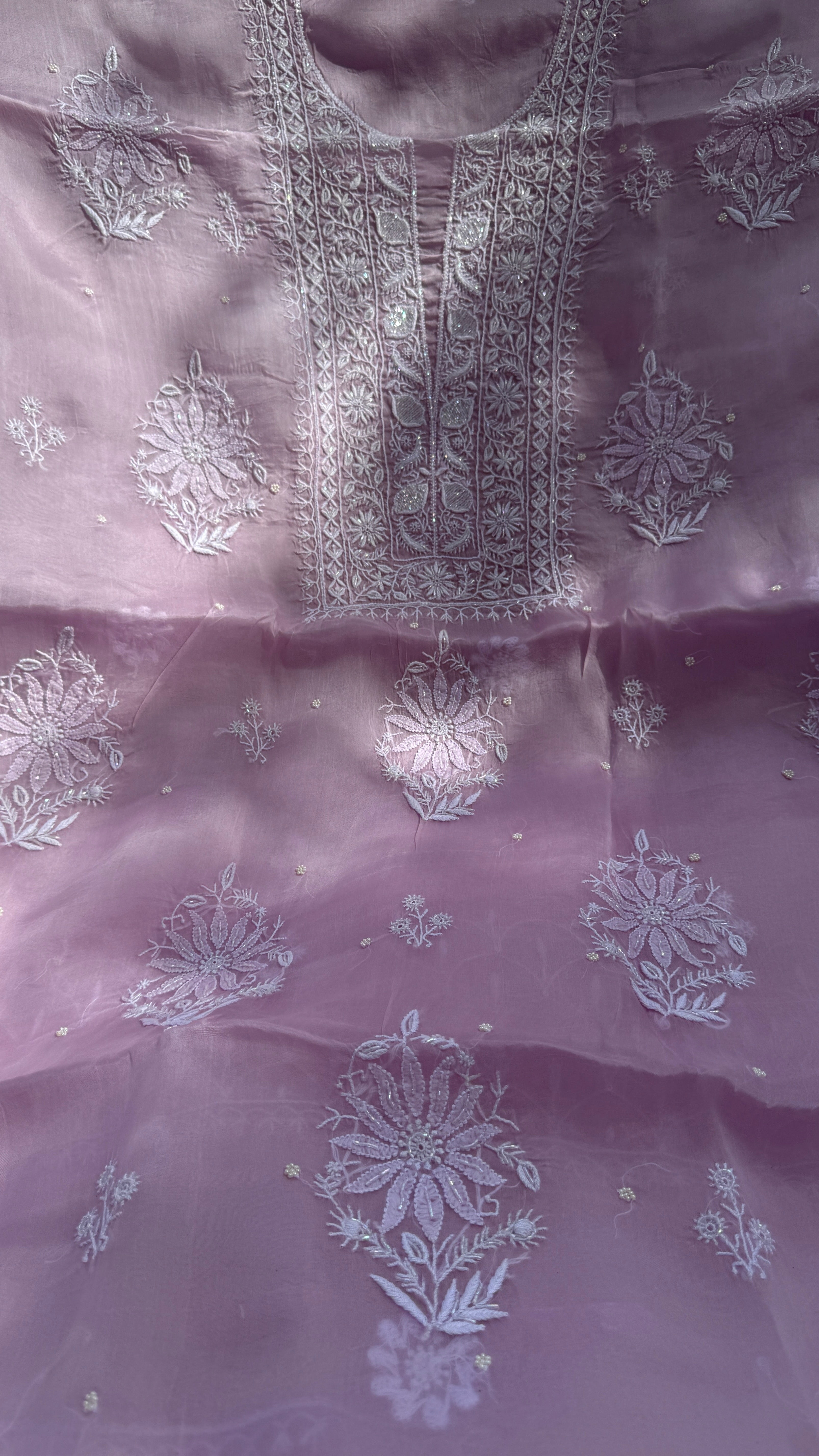 Organza Chikankari Kurta Set with Dupatta | Pearl & Cutdana Work - Rose Pink