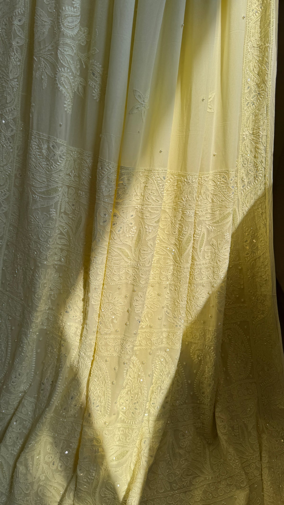 Lemon Yellow Chikankari saree with Pearl embellishments